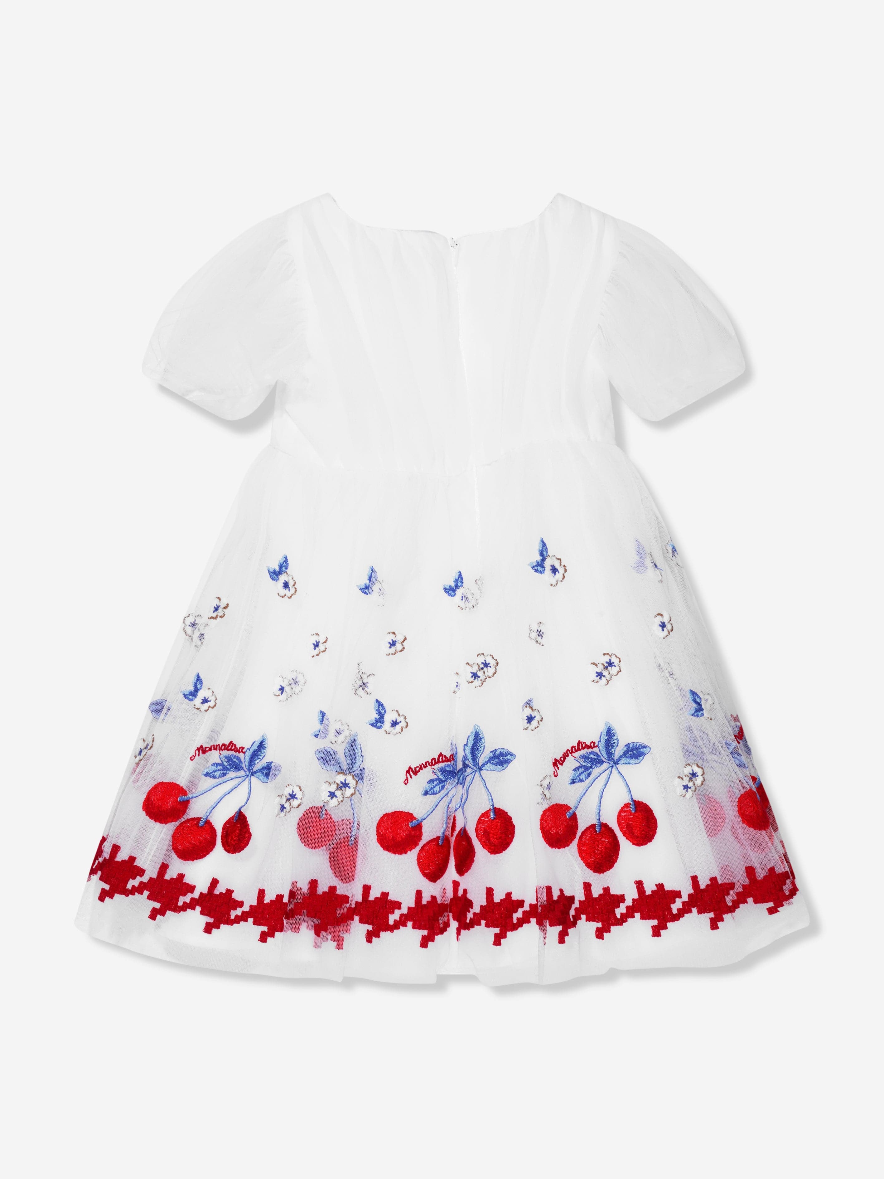 Monnalisa Girls Embroidered Cherry Tulle Dress In White