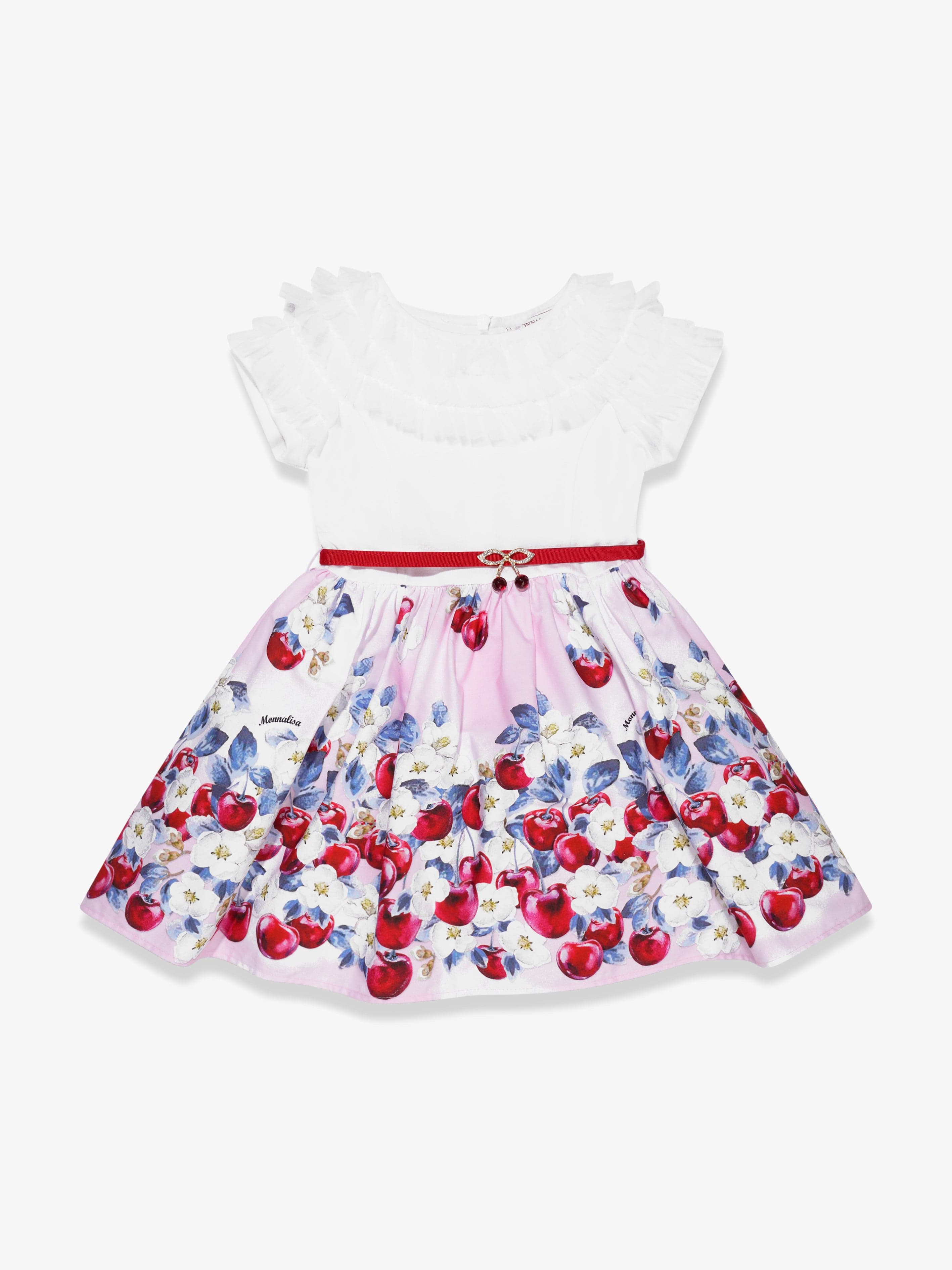 Monnalisa Girls Cherries Ruffle Dress In White