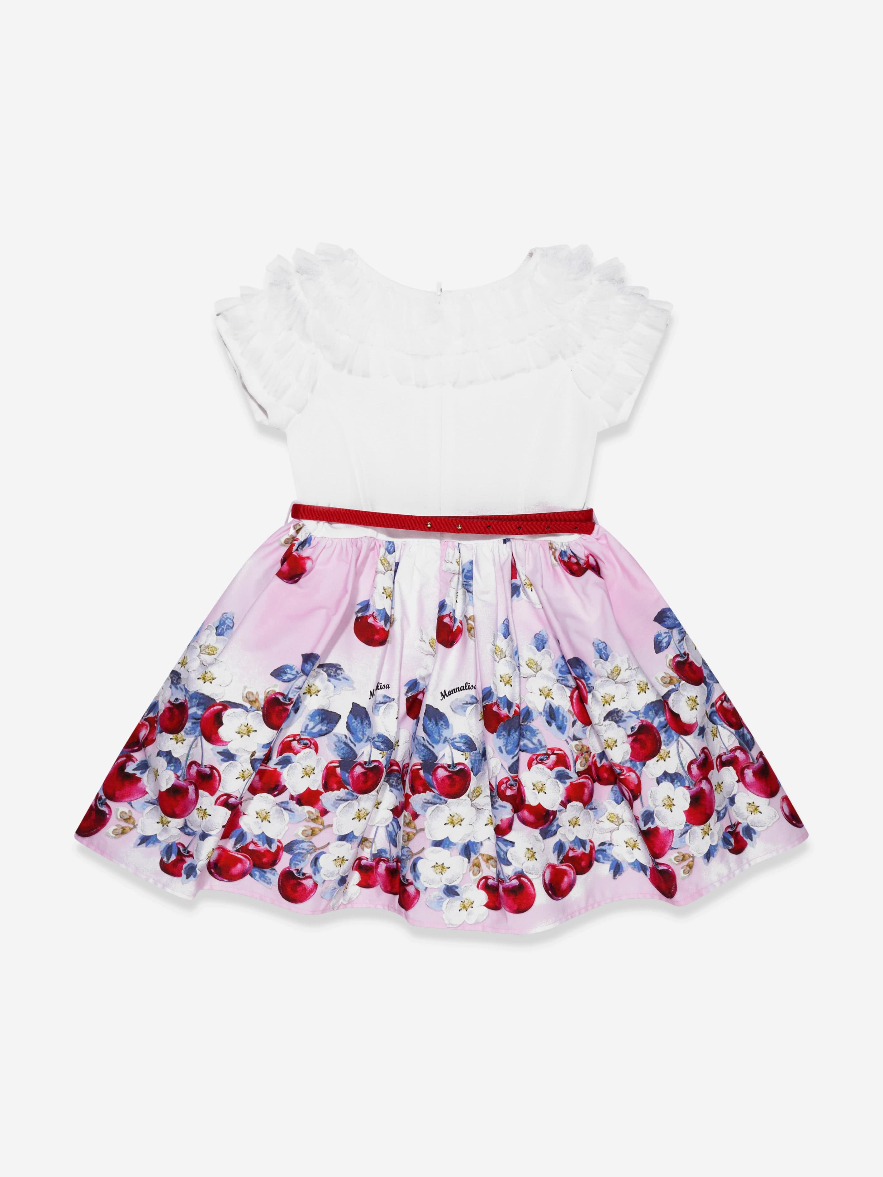 Monnalisa Girls Cherries Ruffle Dress In White