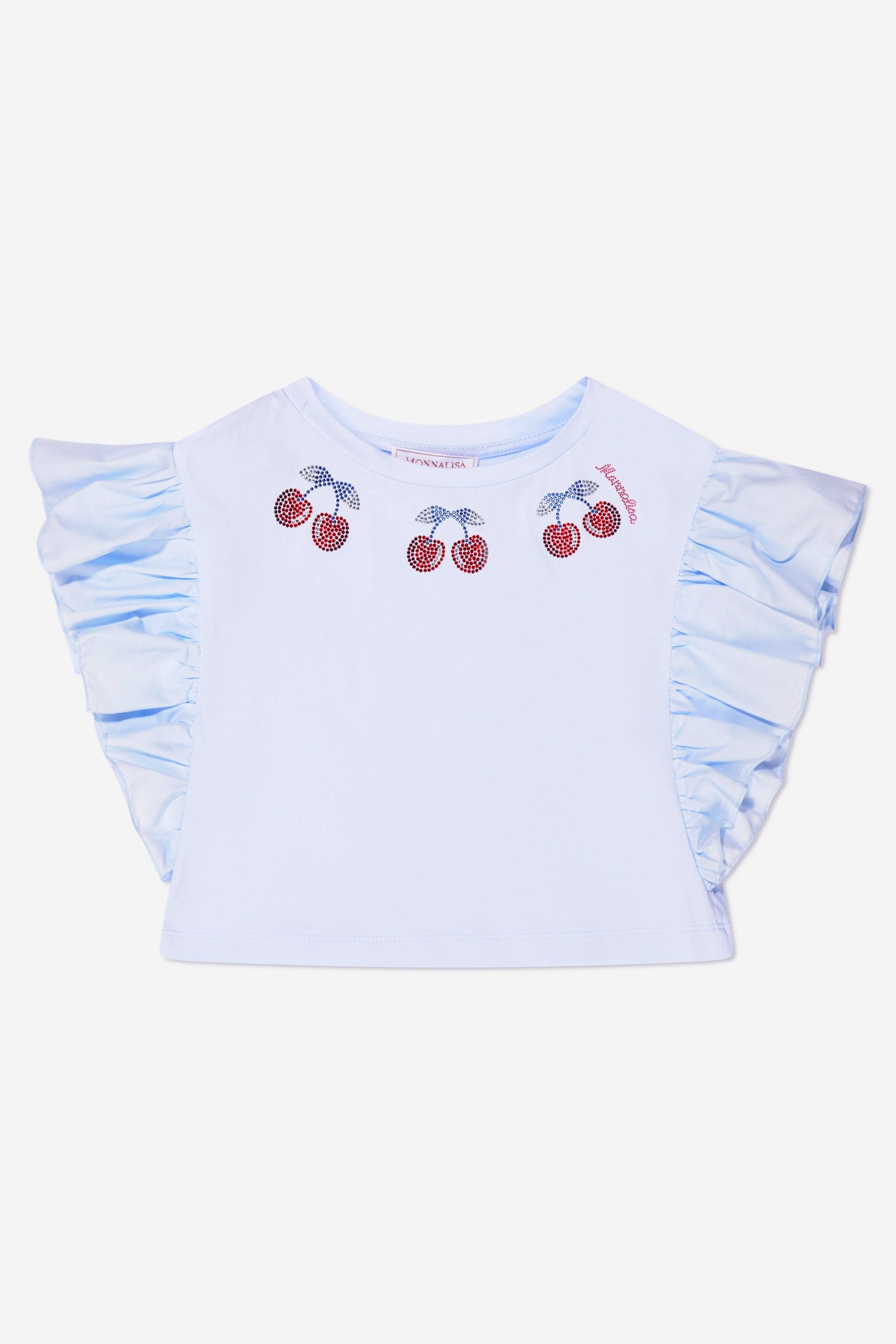 Monnalisa Girls Cropped Cherry T-Shirt in Blue