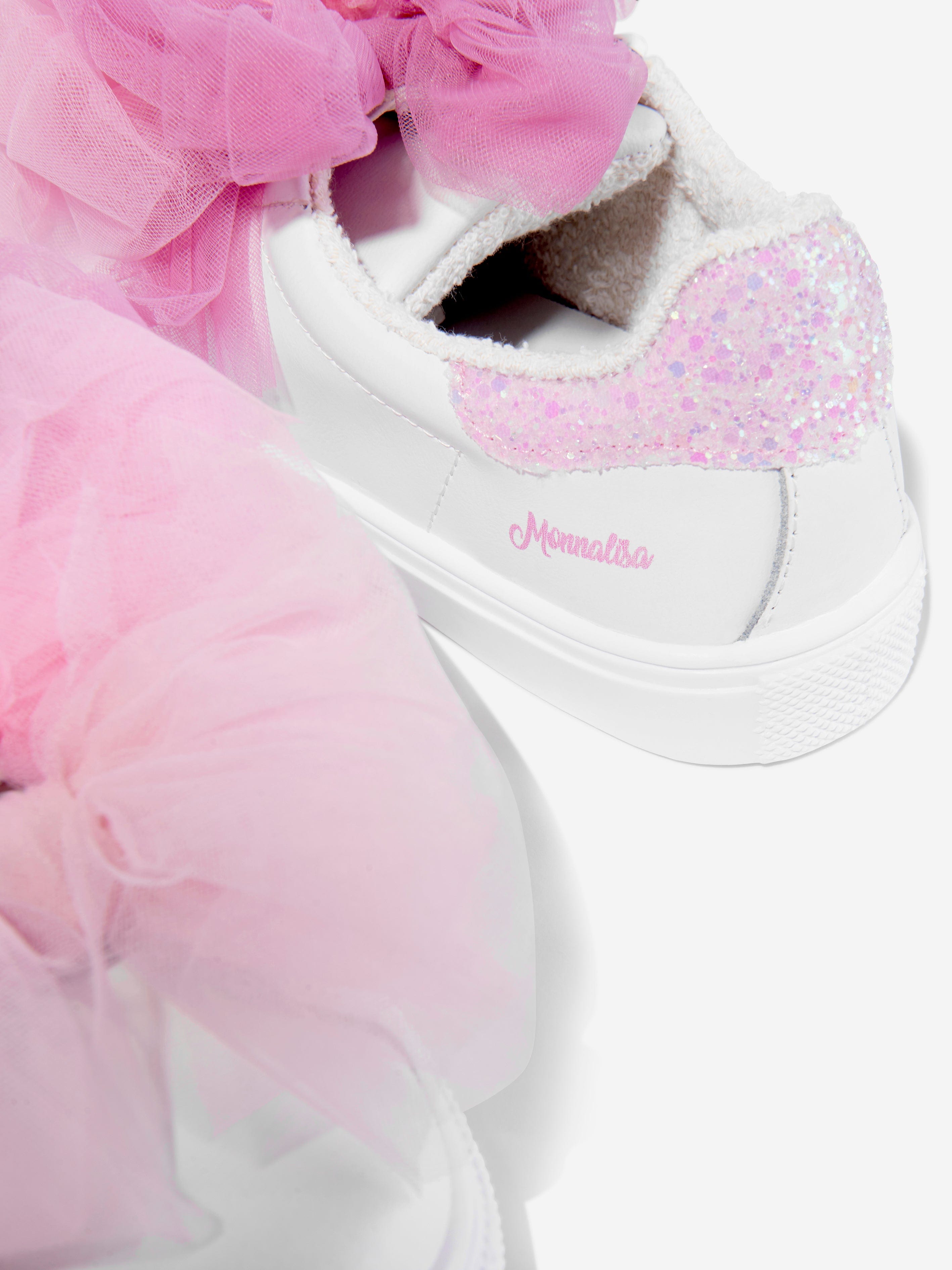 Monnalisa Girls Leather And Tulle Bow Trainers In White