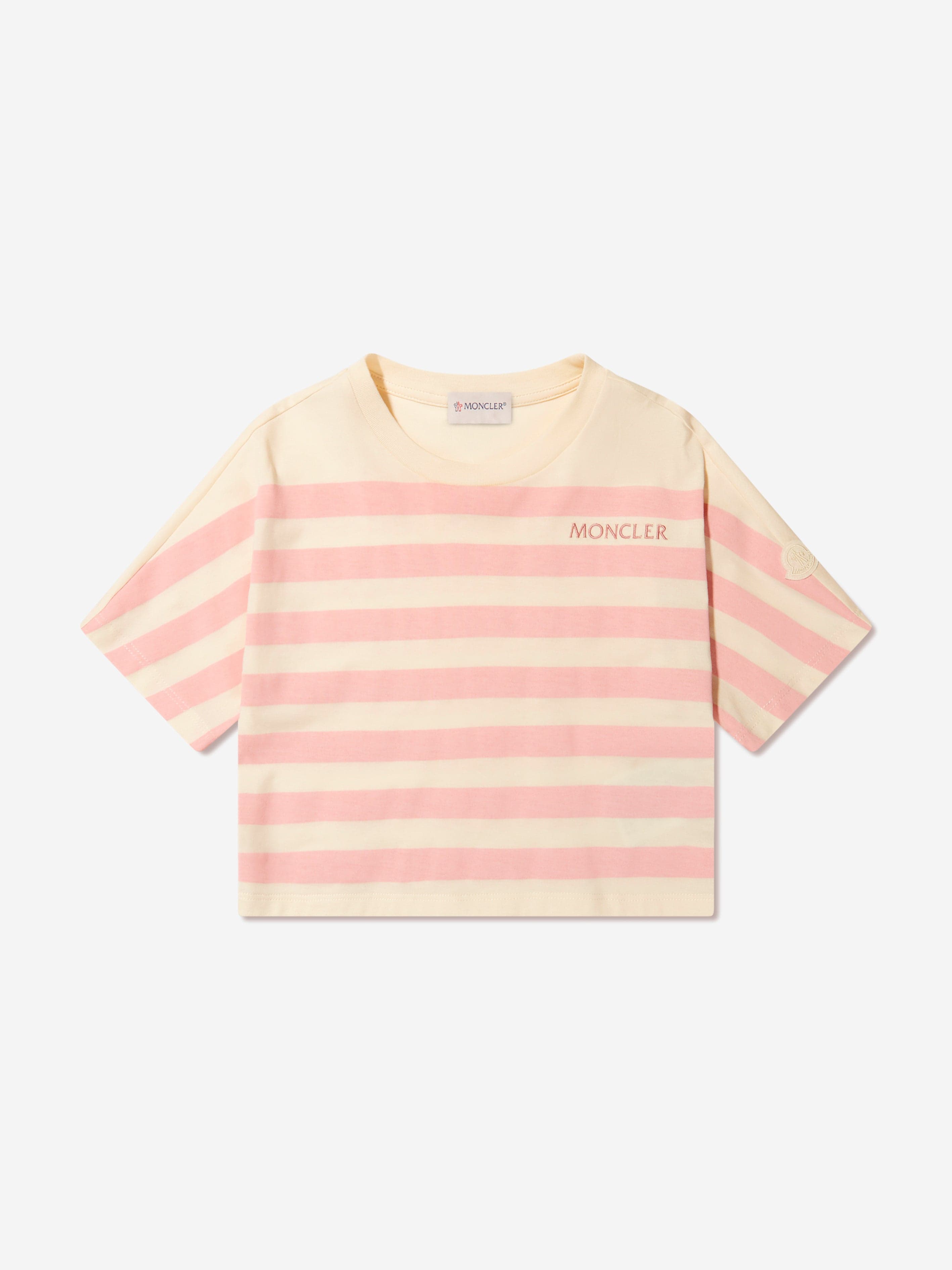 Moncler Enfant Girls Striped Logo T-Shirt in Cream