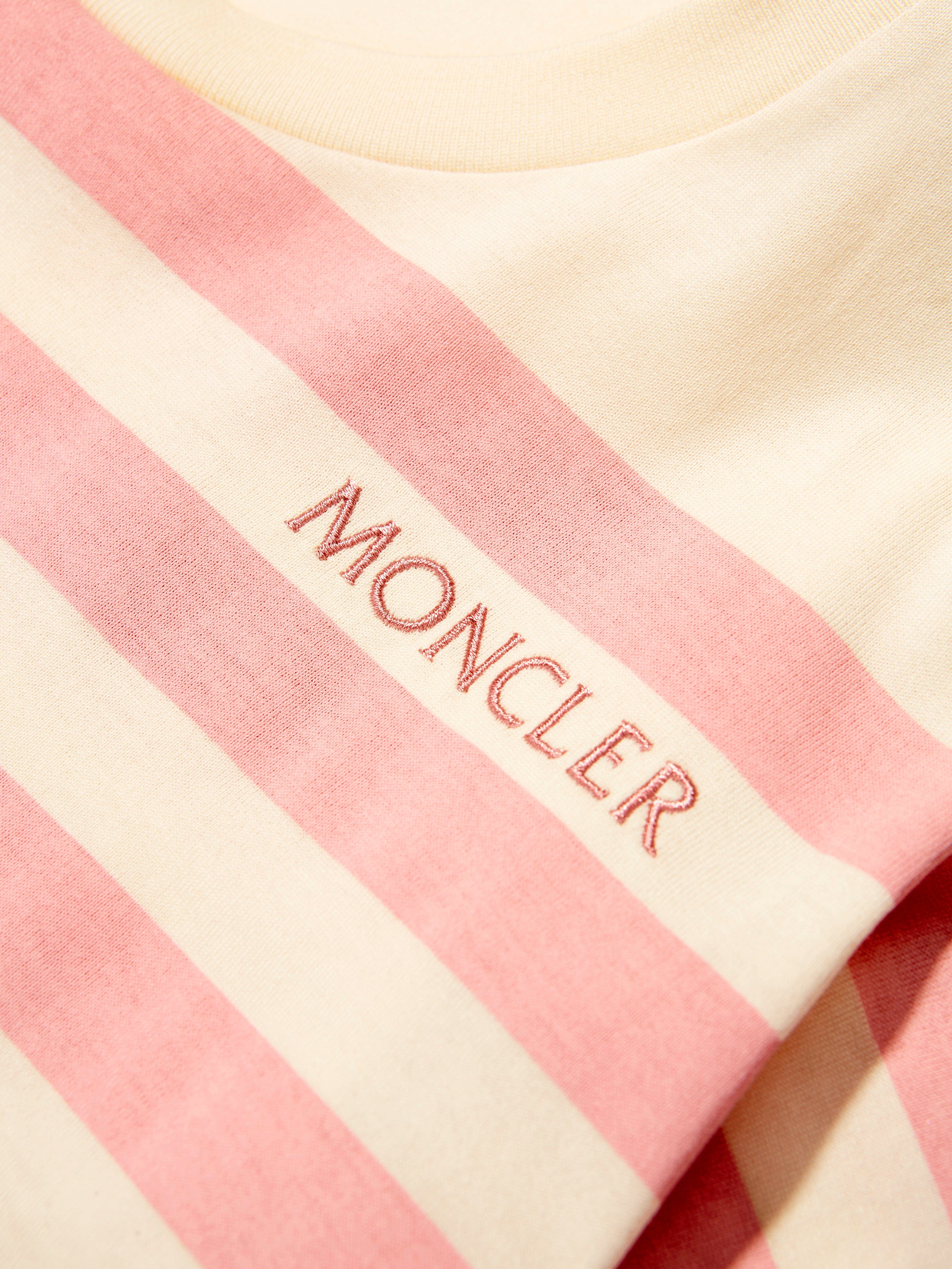 Moncler Enfant Girls Striped Logo T-Shirt in Cream