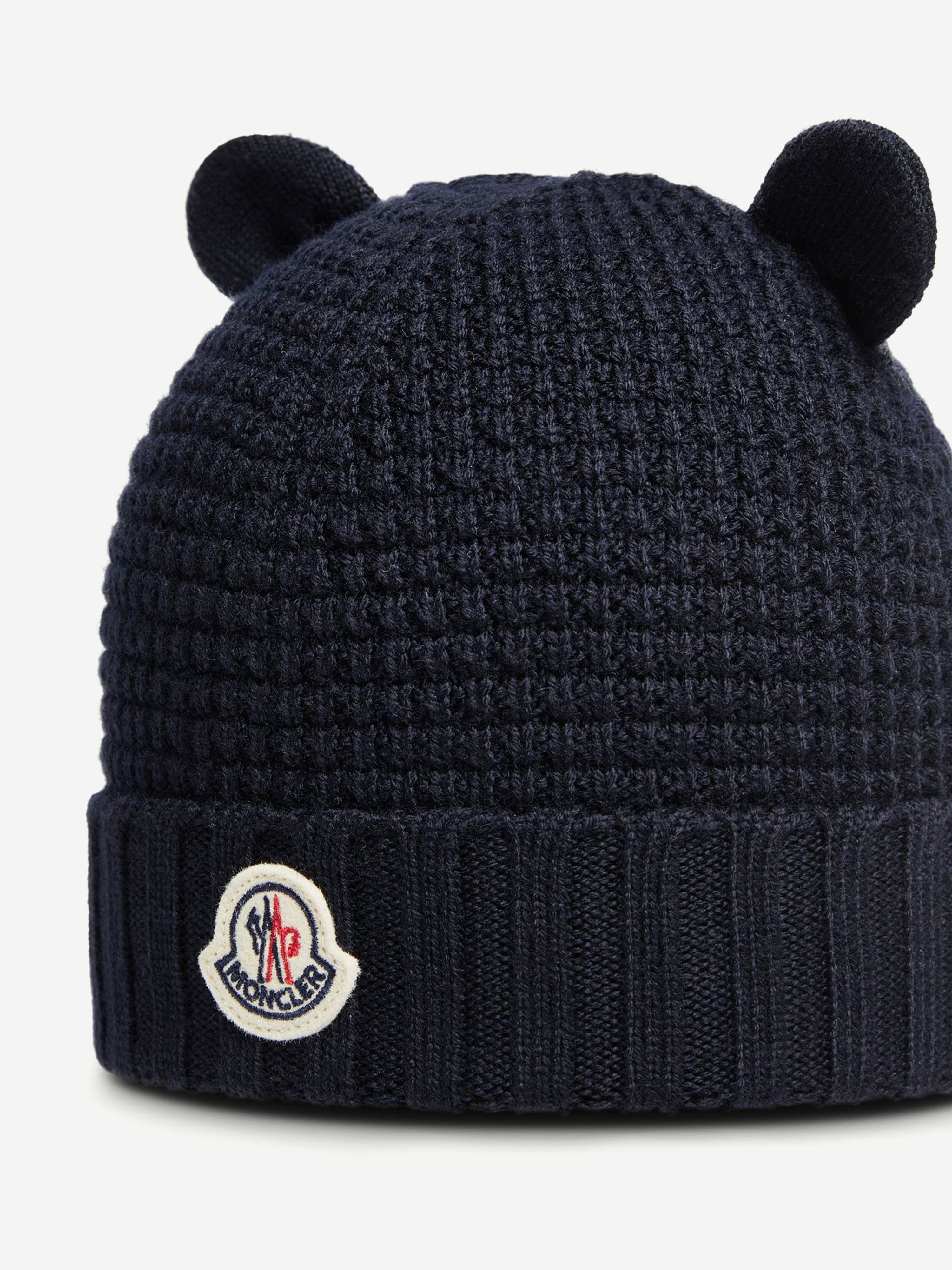Moncler Enfant Baby Wool Beanie Hat with Ears in Navy
