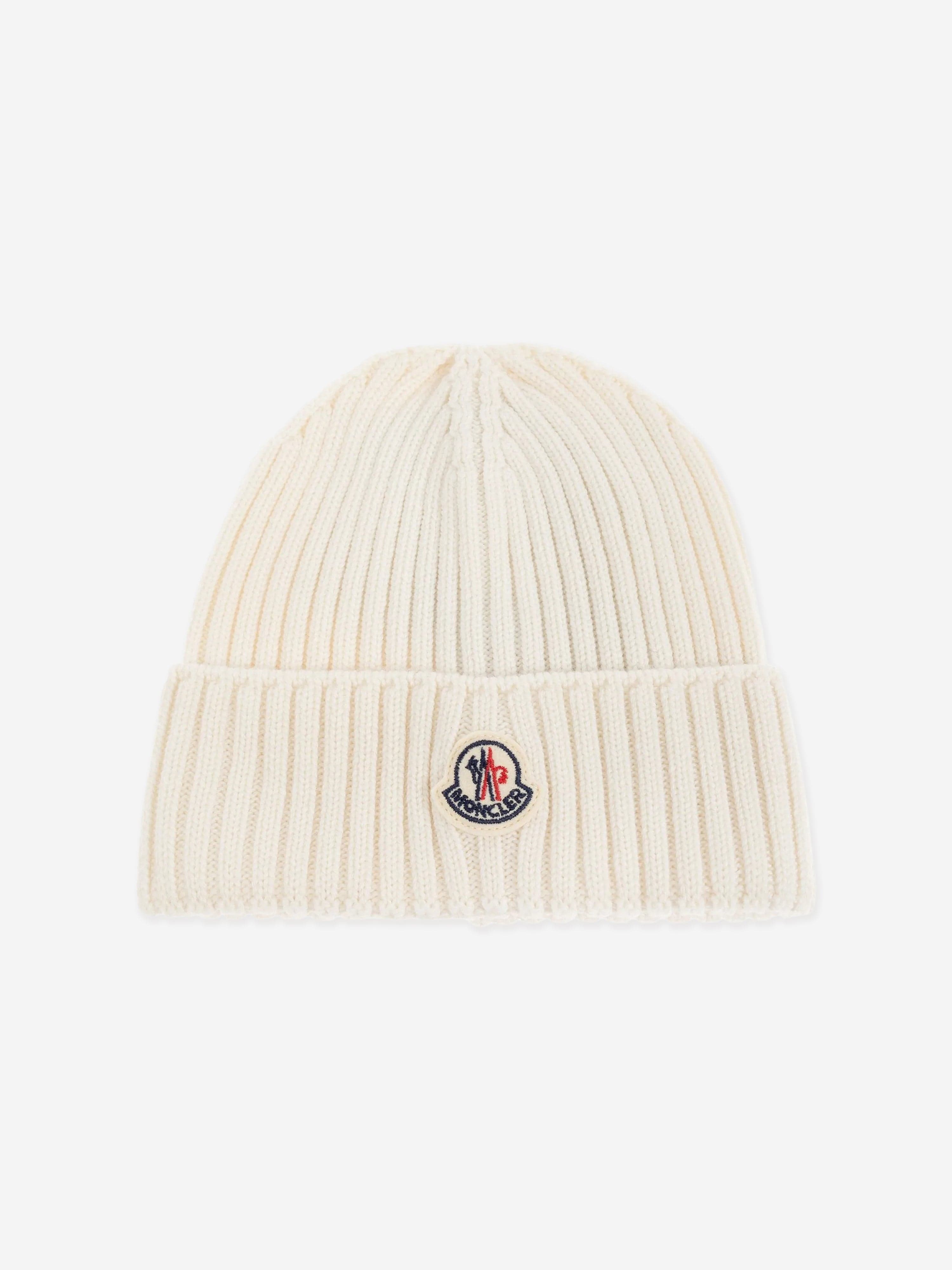 Moncler Enfant Girls Wool Knit Beanie Hat in Ivory