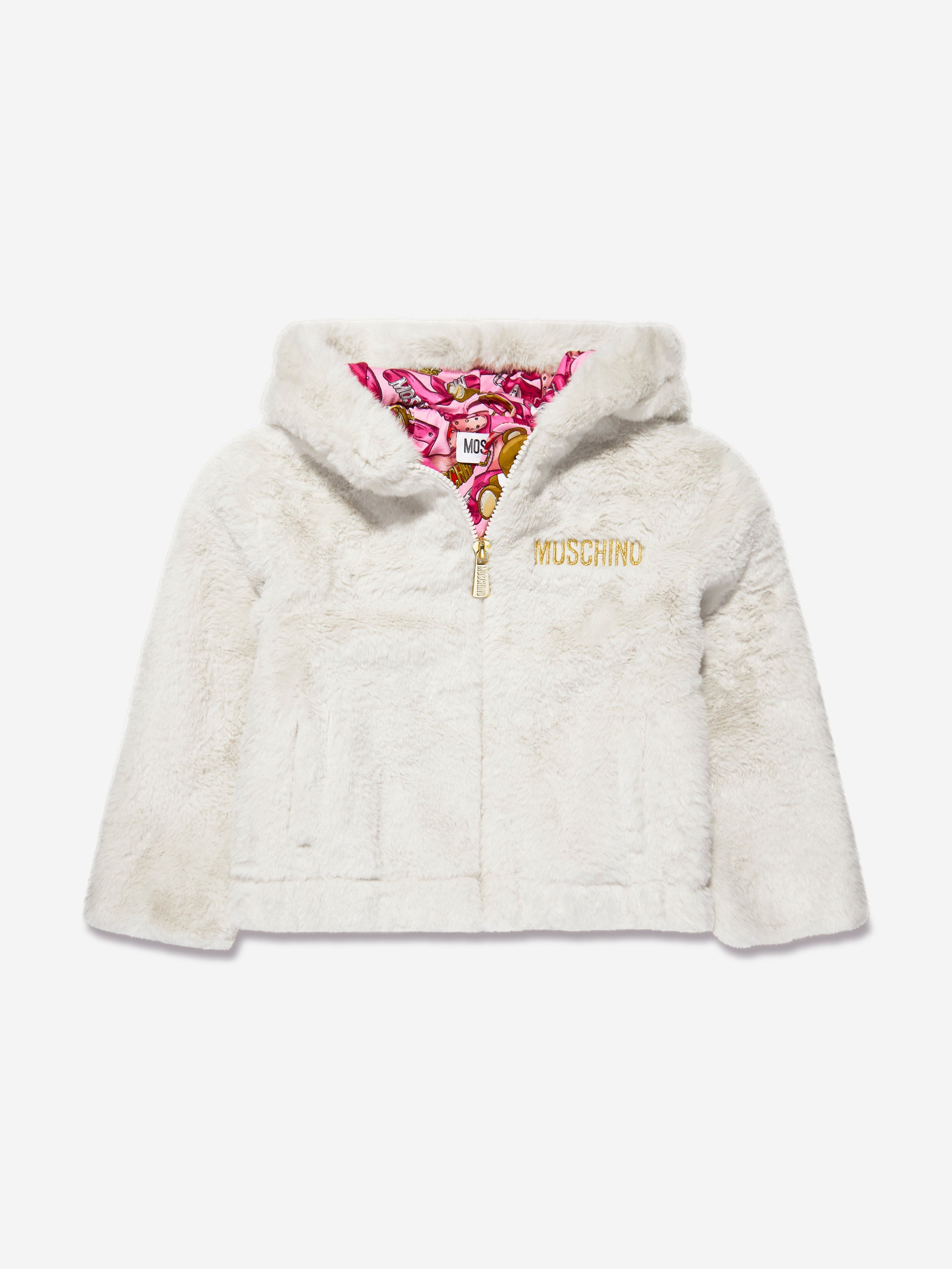 Moschino Girls Hooded Zip Up Jacket in Ivory