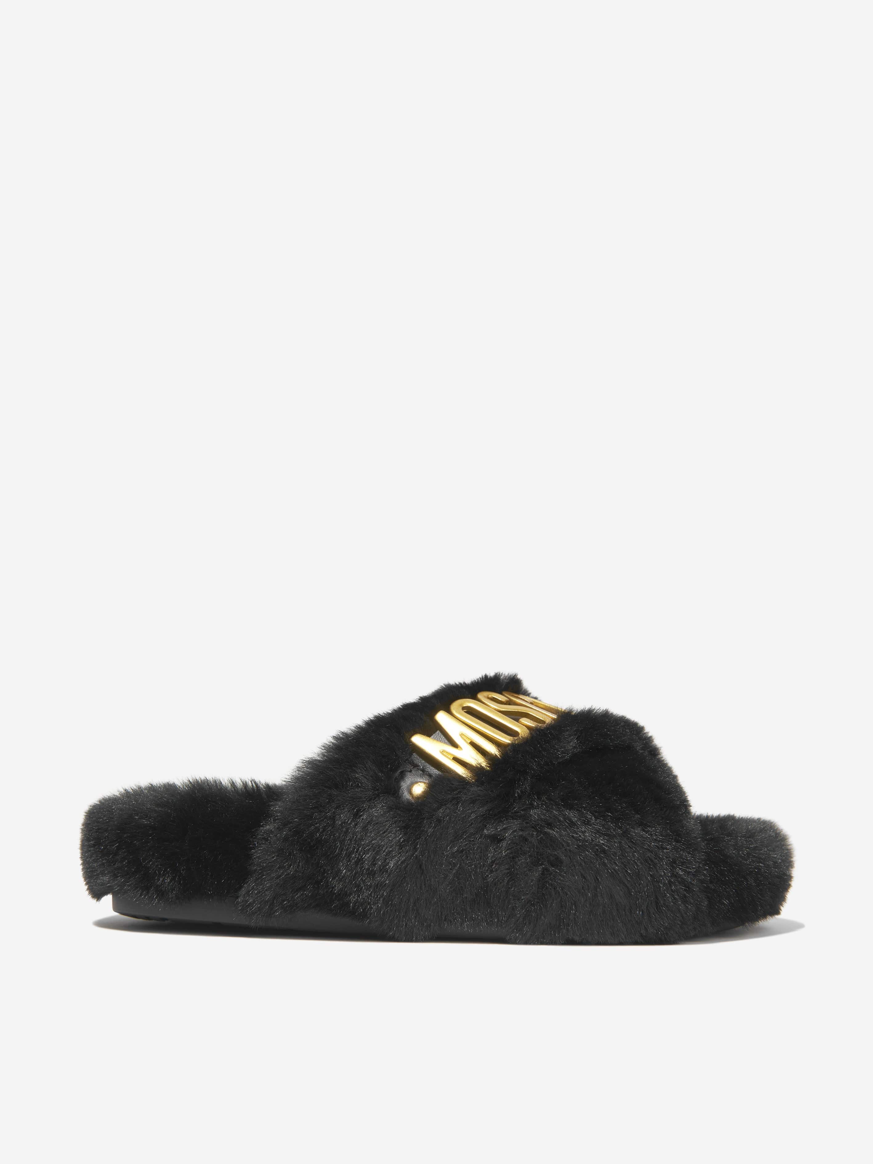 Moschino Girls Faux Fur Logo Slippers