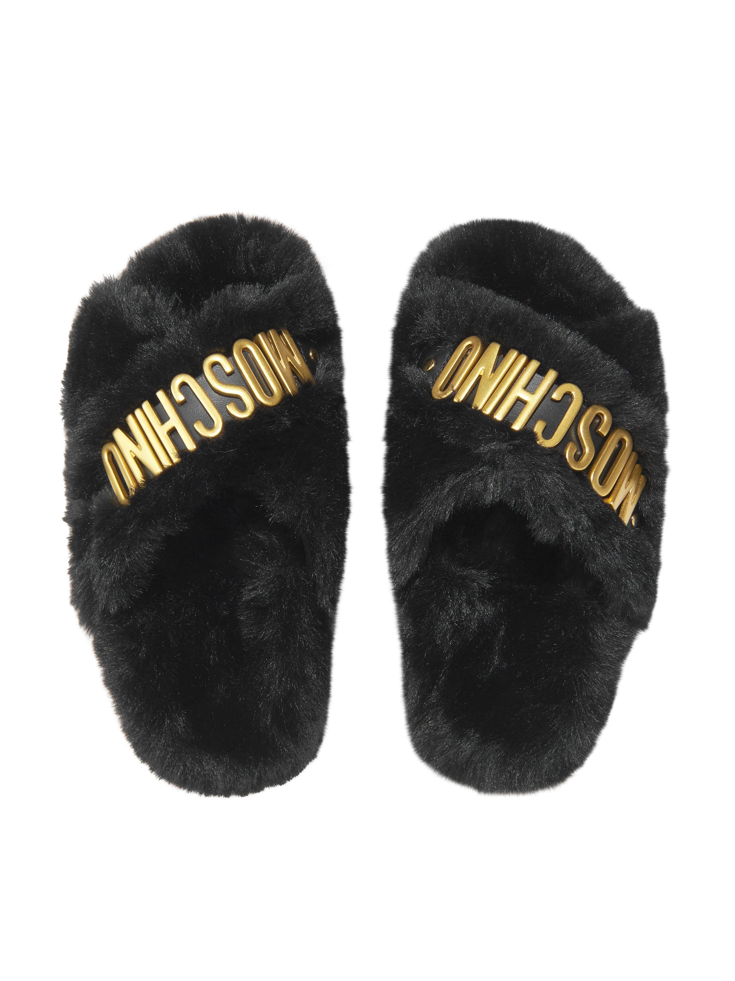 Moschino Girls Faux Fur Logo Slippers