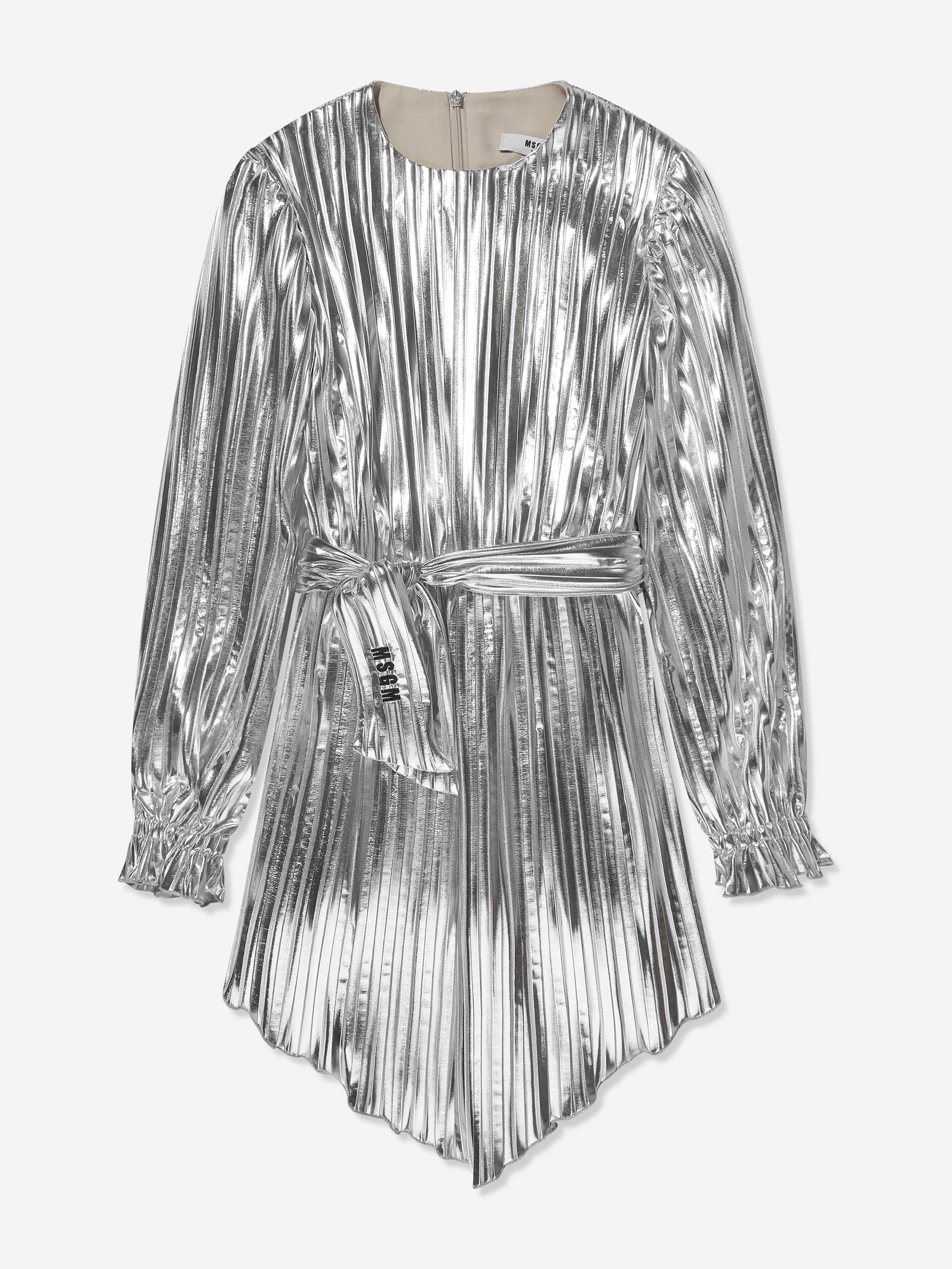 MSGM Girls Pleated Dress in Silver