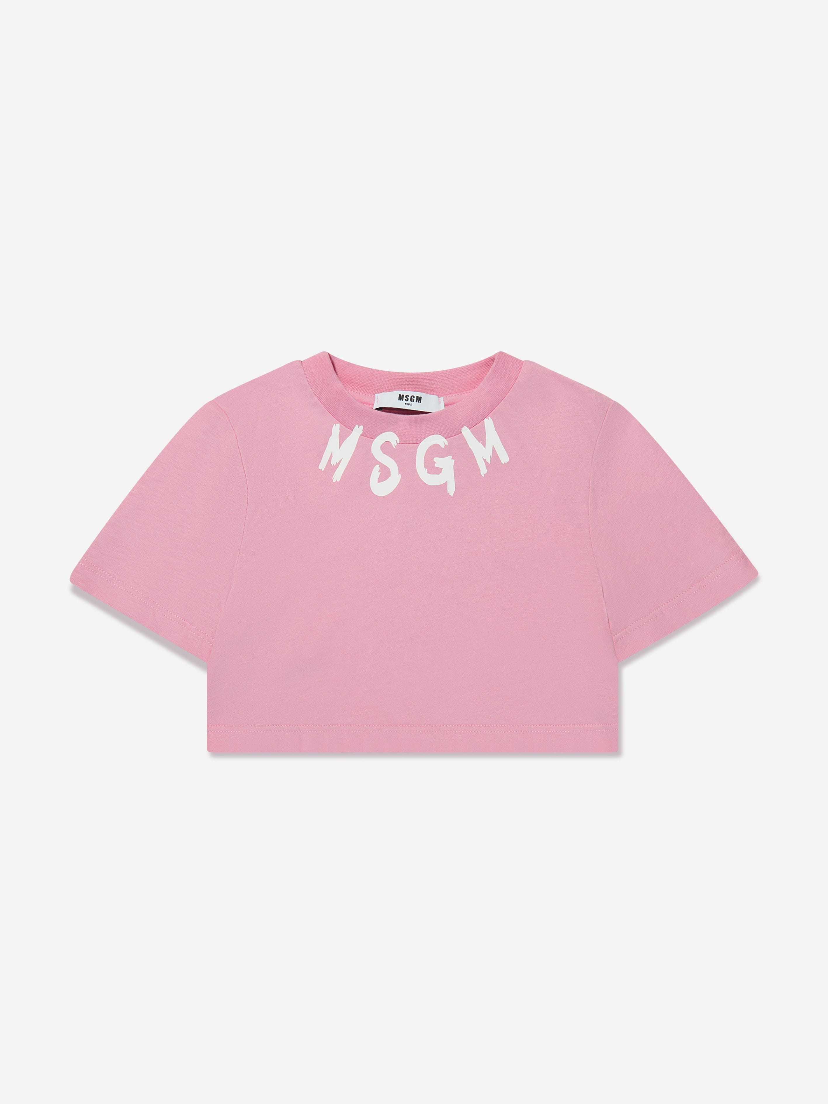 MSGM Girls Cropped Logo T-Shirt in Pink