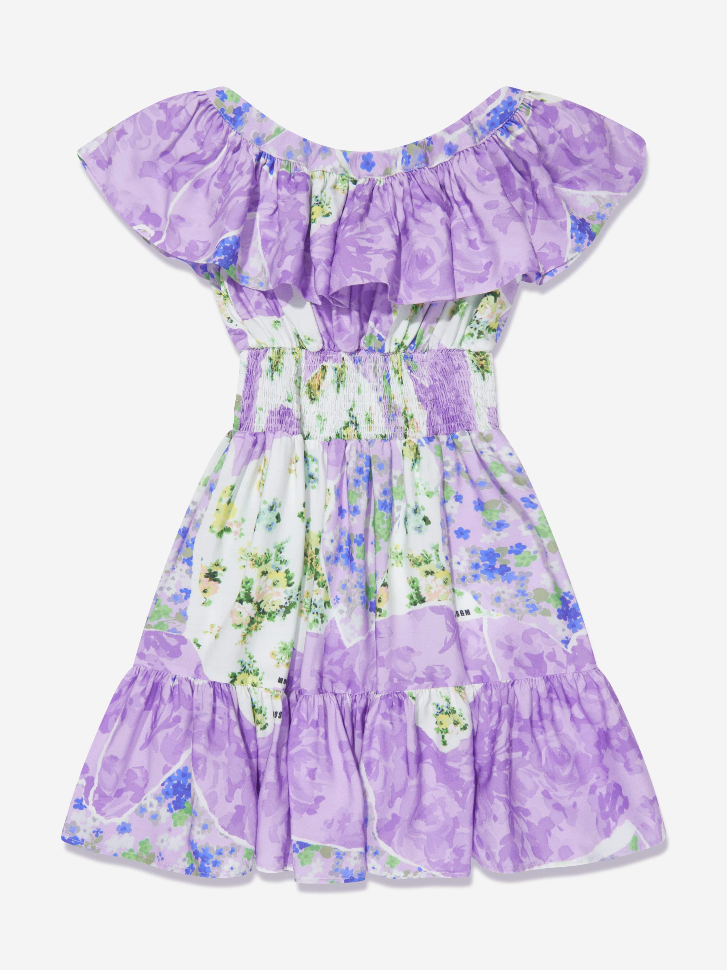 MSGM Girls Satin Floral Ruffle Dress in Multicolour