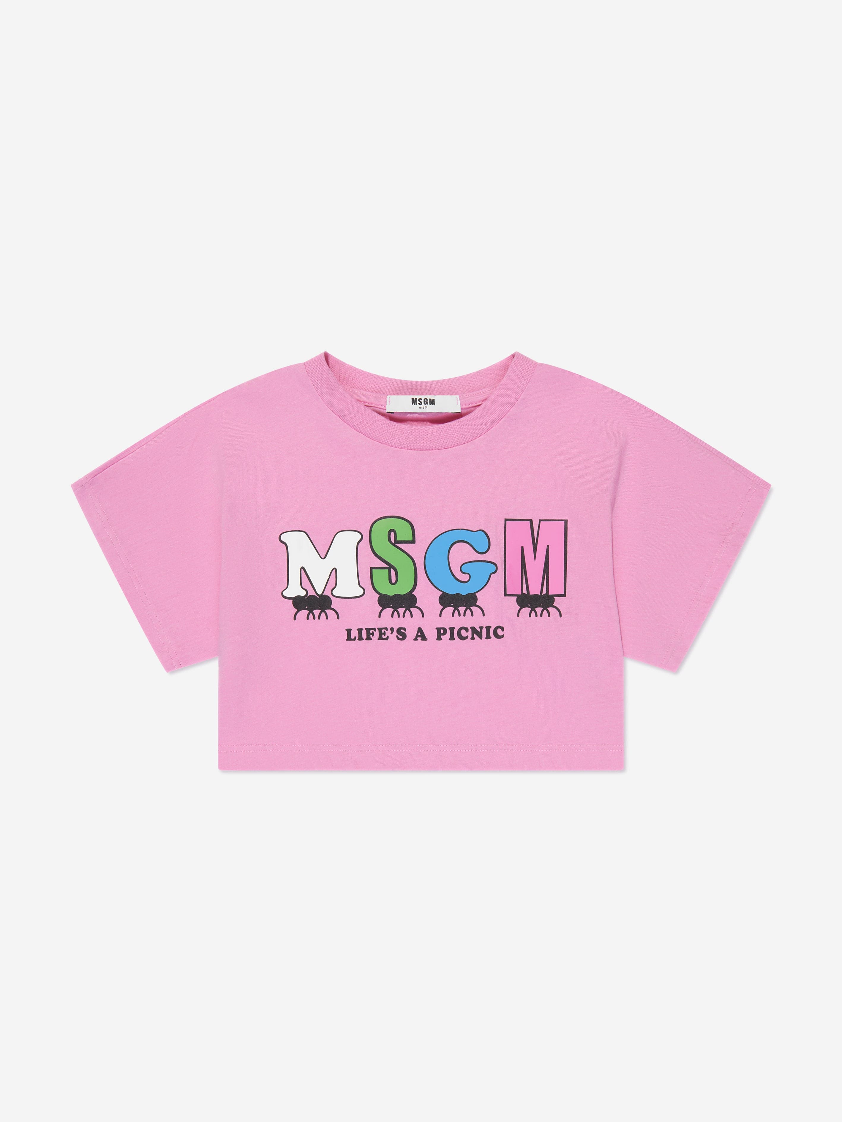 MSGM Girls Cropped Logo T-Shirt in Pink