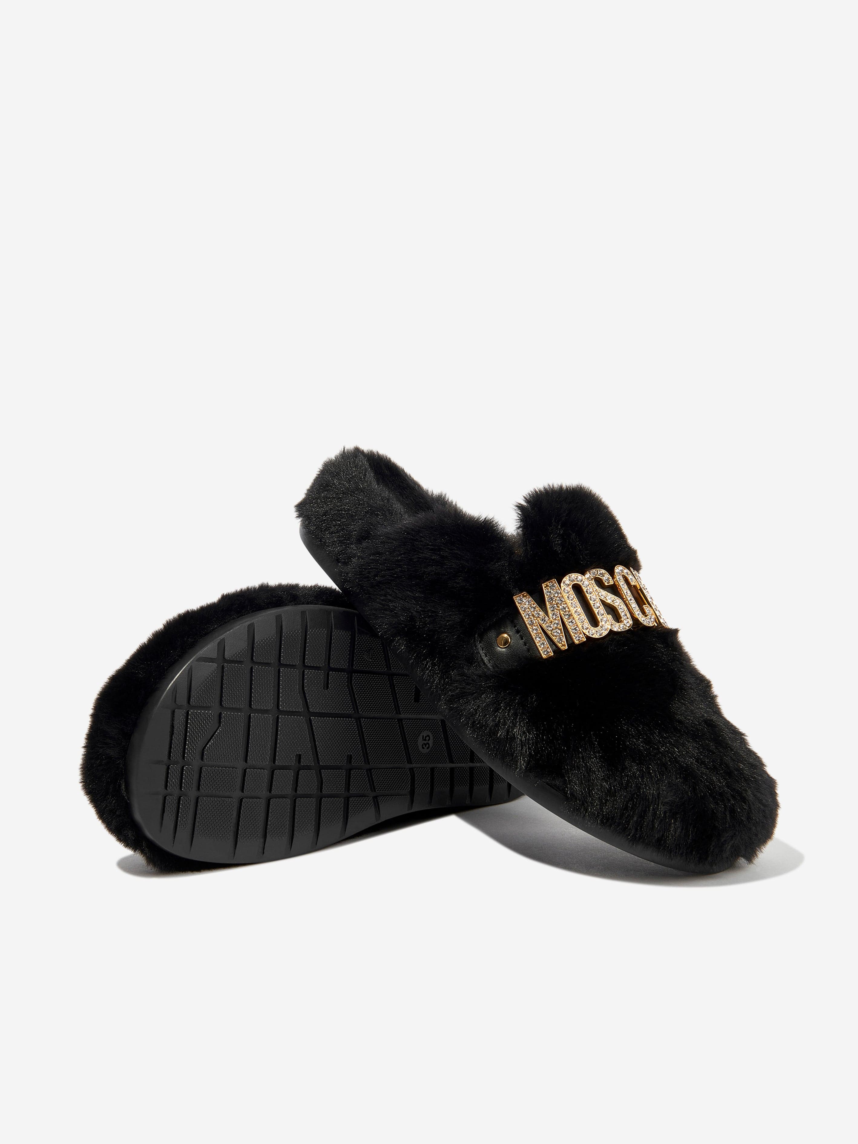 Moschino Girls Faux Fur Logo Slippers in Black