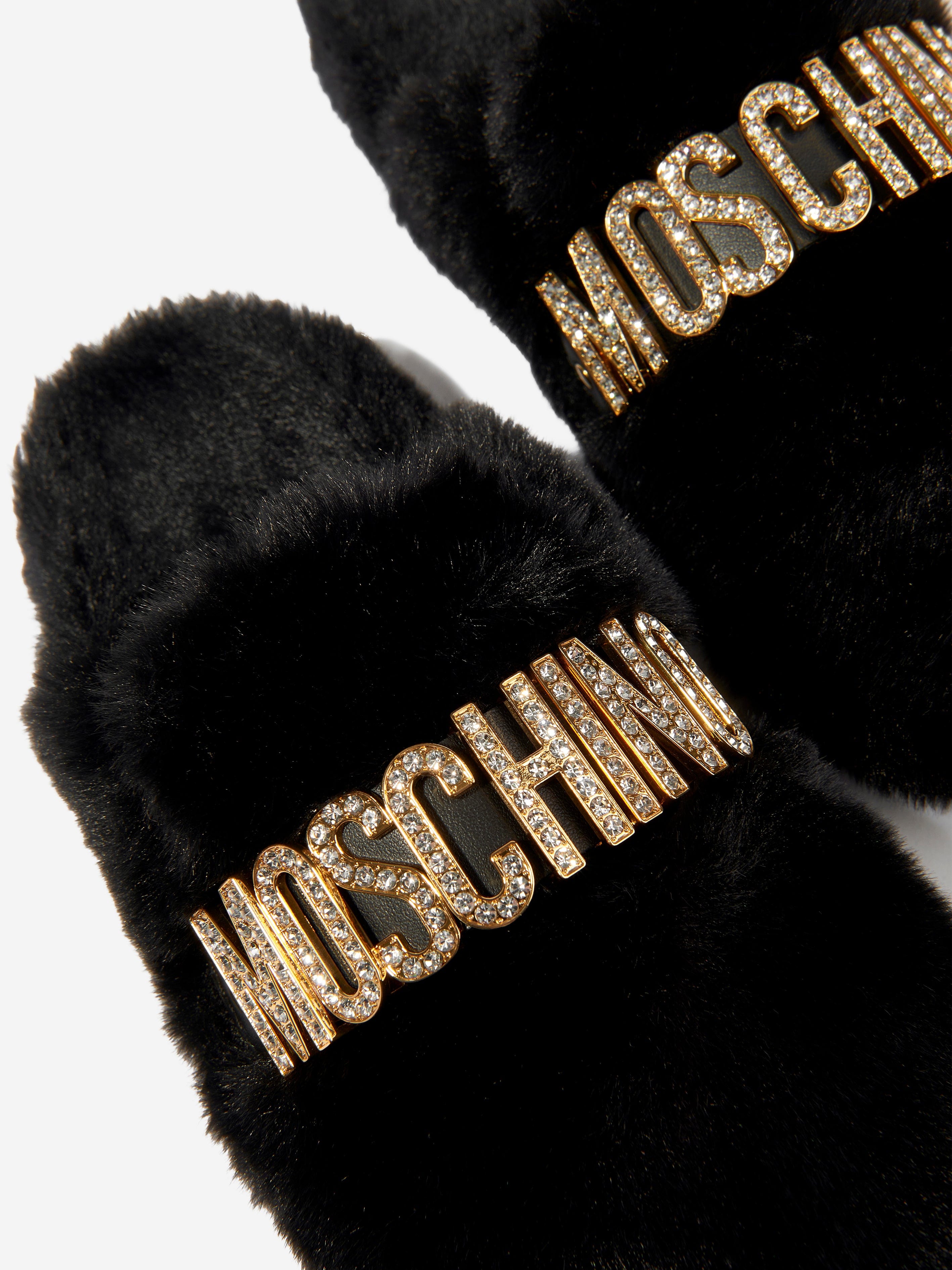 Moschino Girls Faux Fur Logo Slippers in Black