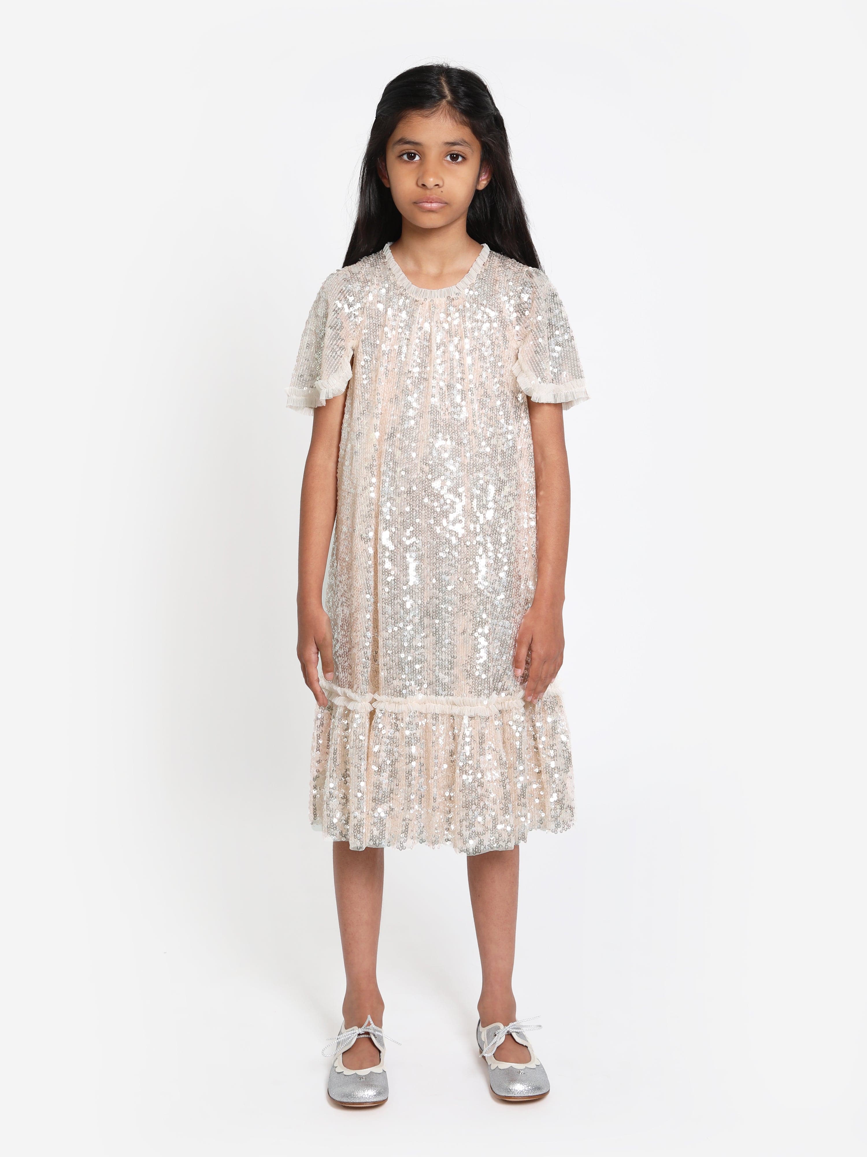 Needle & Thread Girls Mila Gloss Dress in Cream