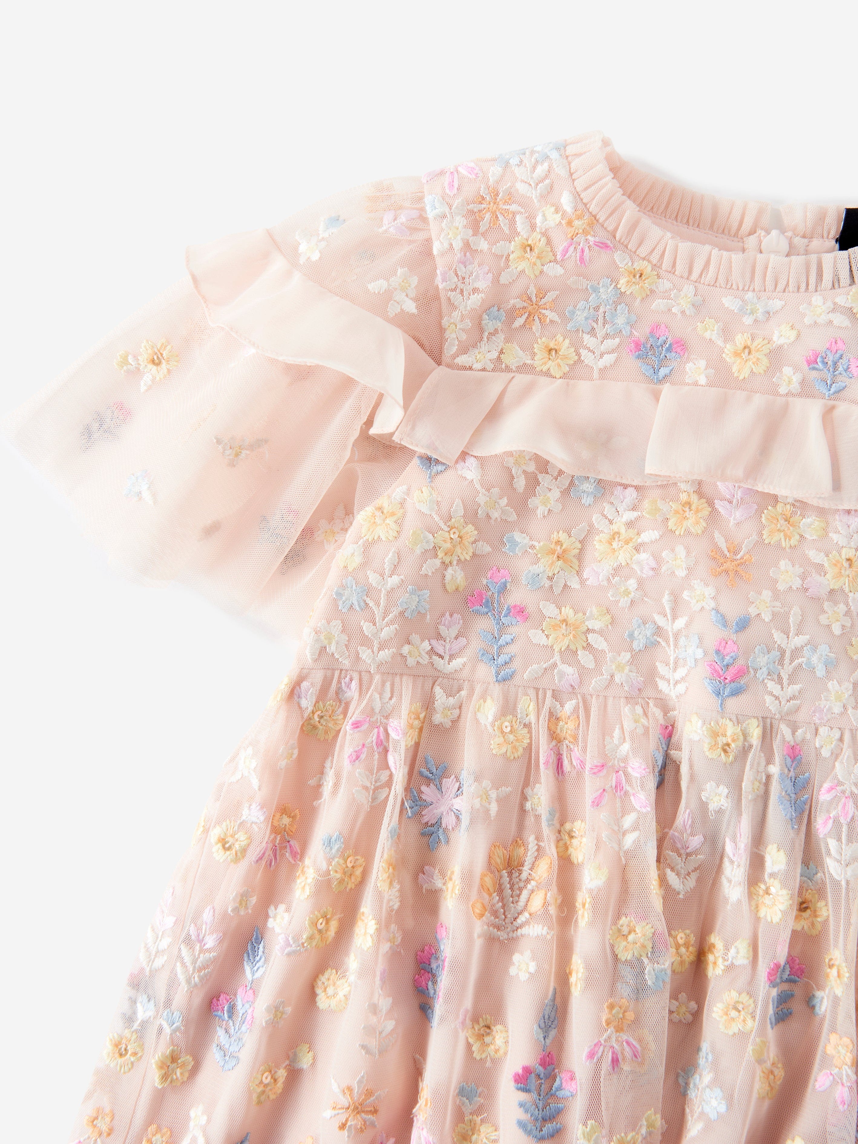 Needle & Thread Girls Tulle Flowerbed Embroidery Dress in Pink