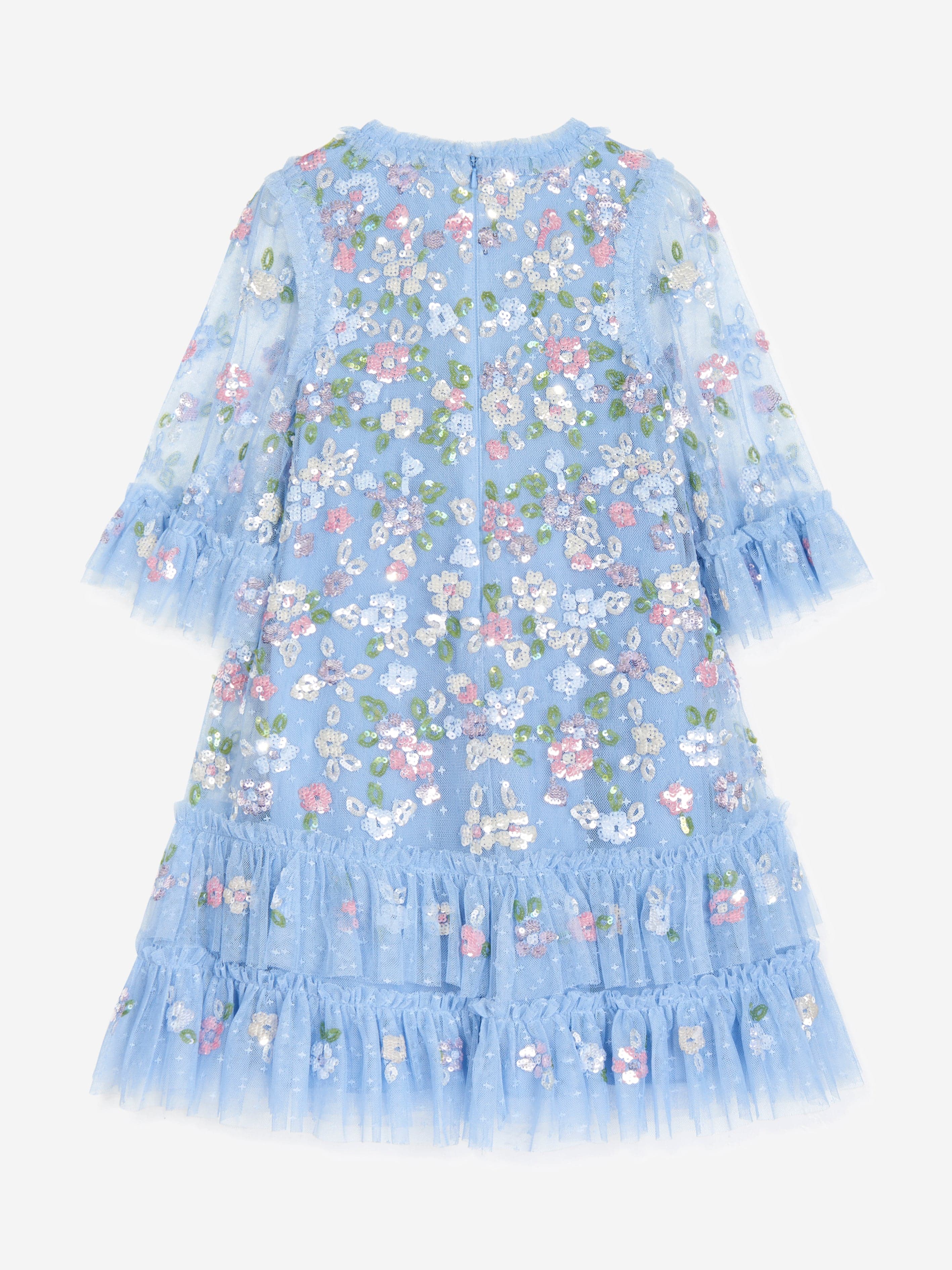 Needle & Thread Girls Tulle Sequin Bloom Dress in Blue