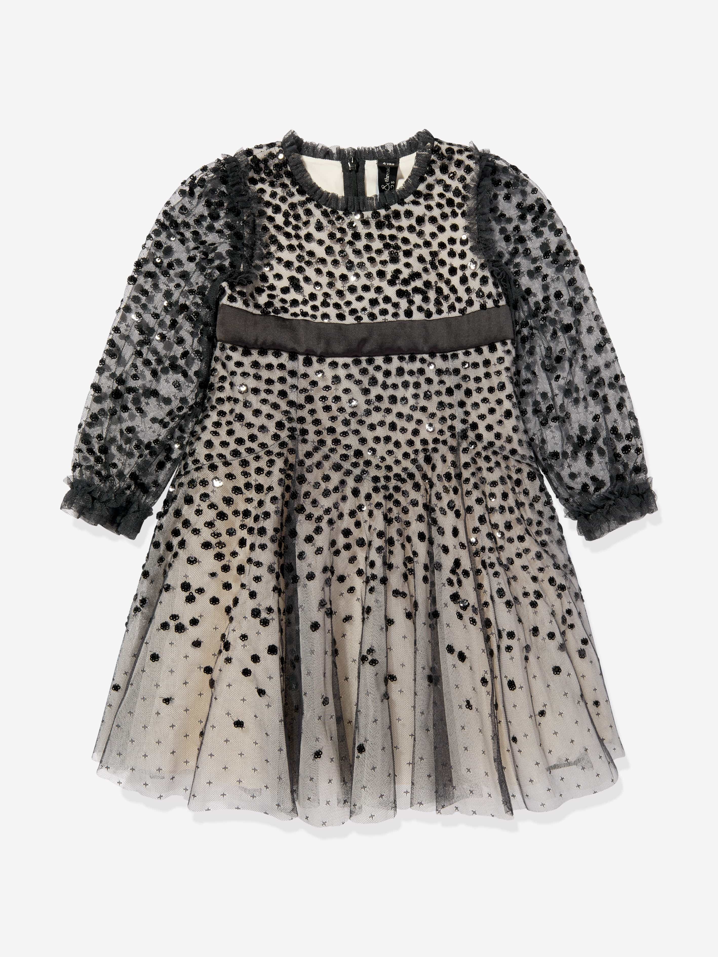 Needle & Thread Girls Dappled Sequin Long Sleeve Dress in Black