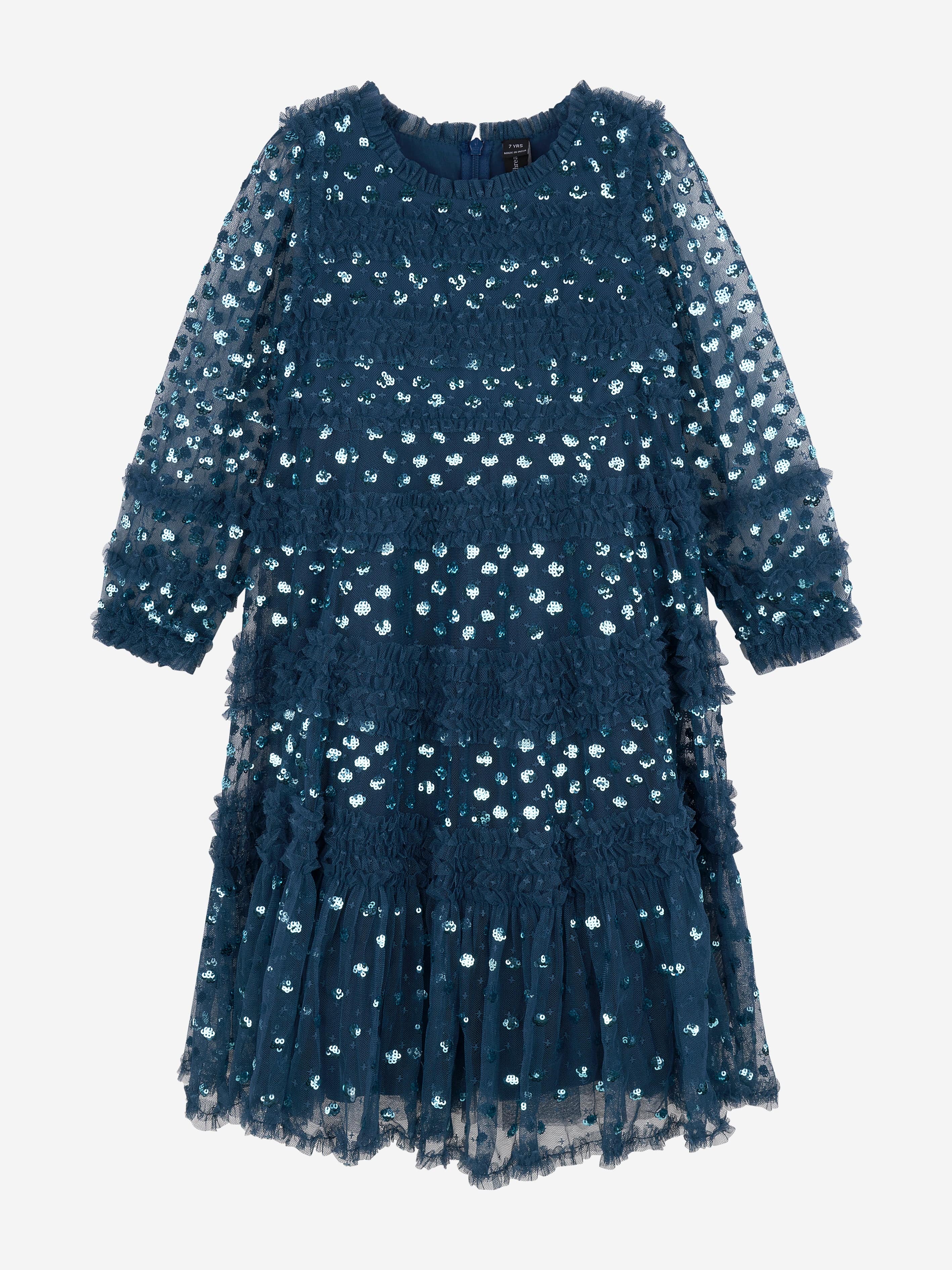 Needle & Thread Girls Dot Shimmer Long Sleeve Dress in Blue