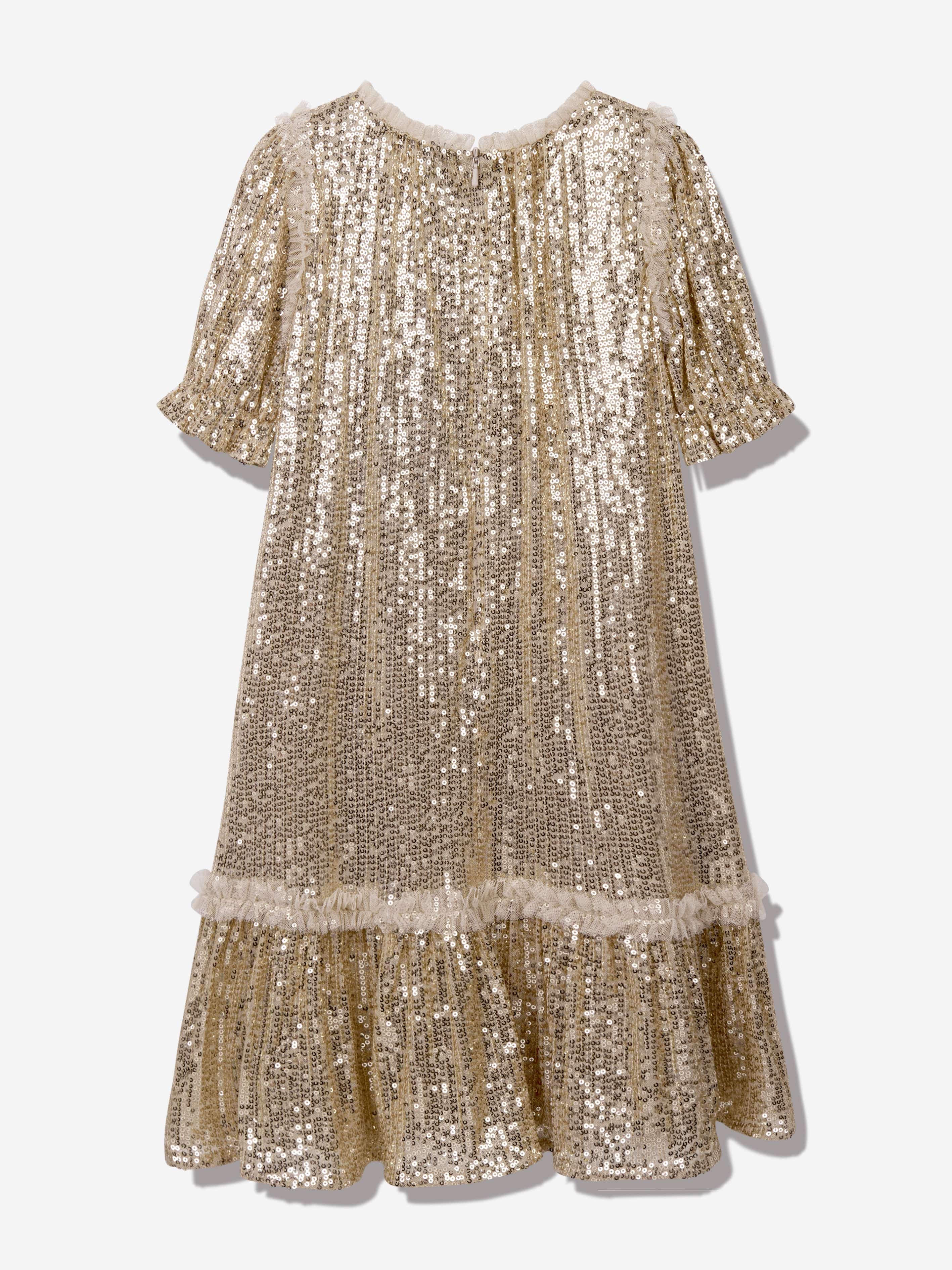 Needle & Thread Girls Sequin Starlight Dress Gold