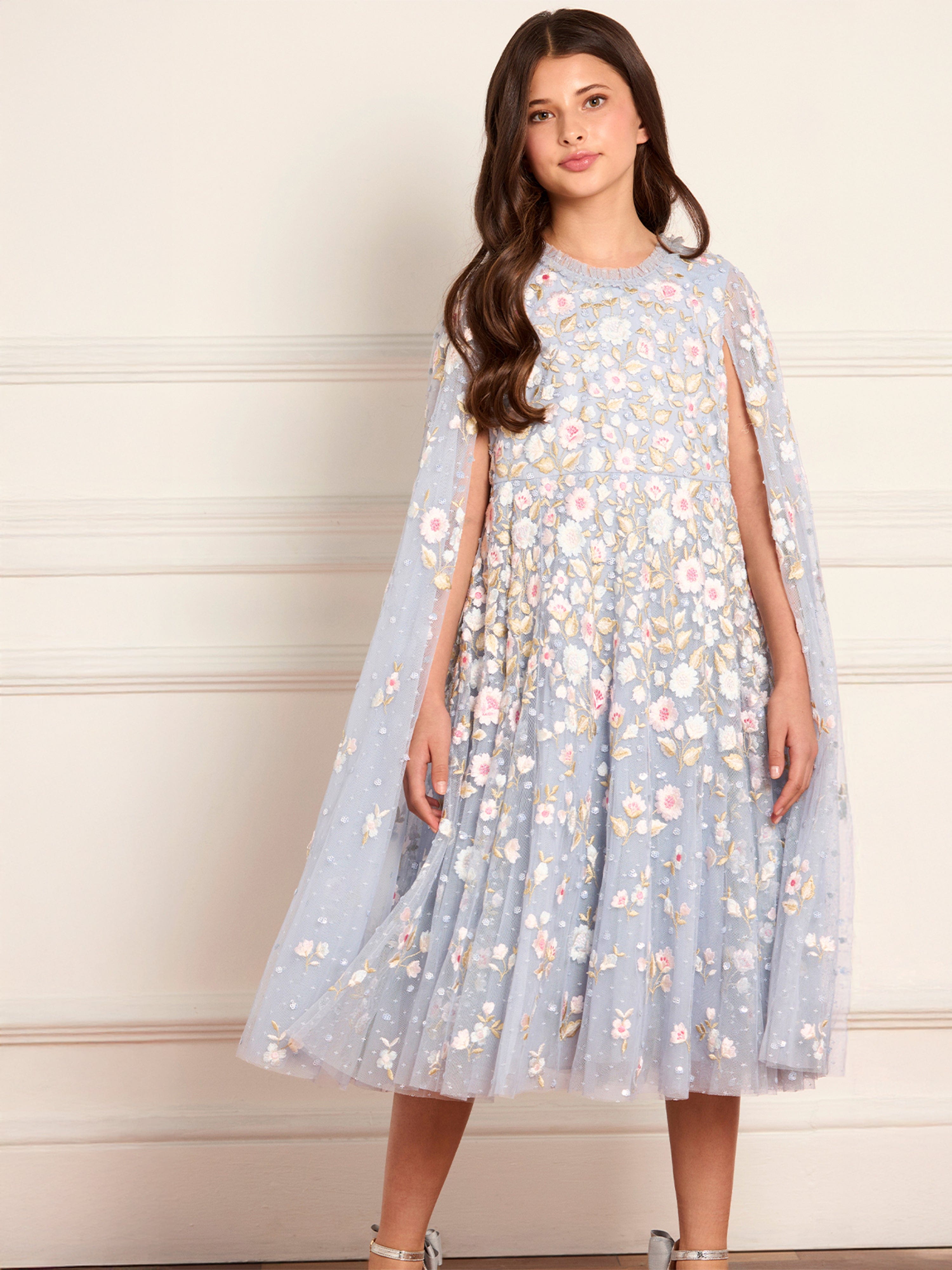 Needle & Thread Girls Ethereal Blooms Cape Dress in Blue