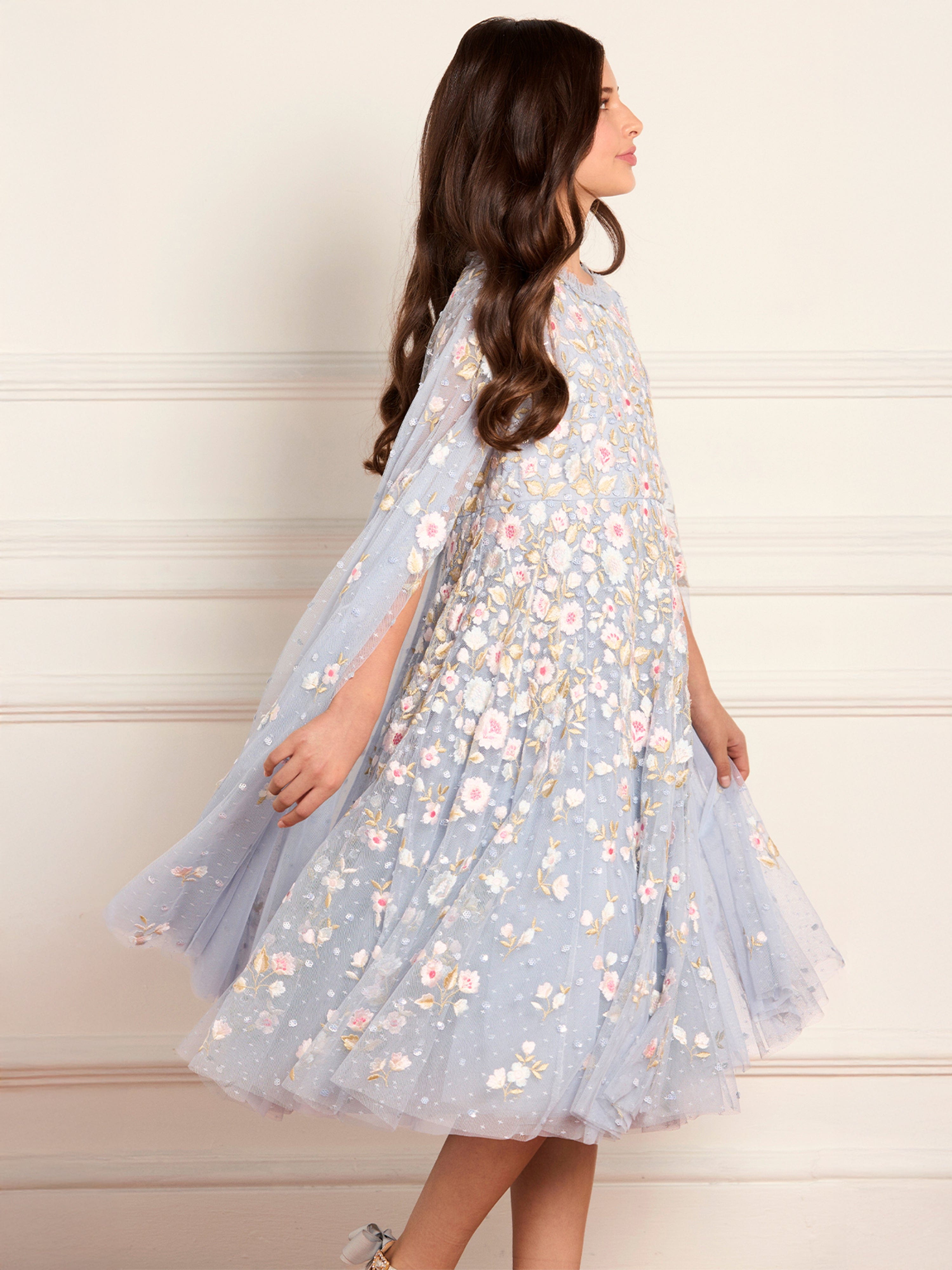 Needle & Thread Girls Ethereal Blooms Cape Dress in Blue