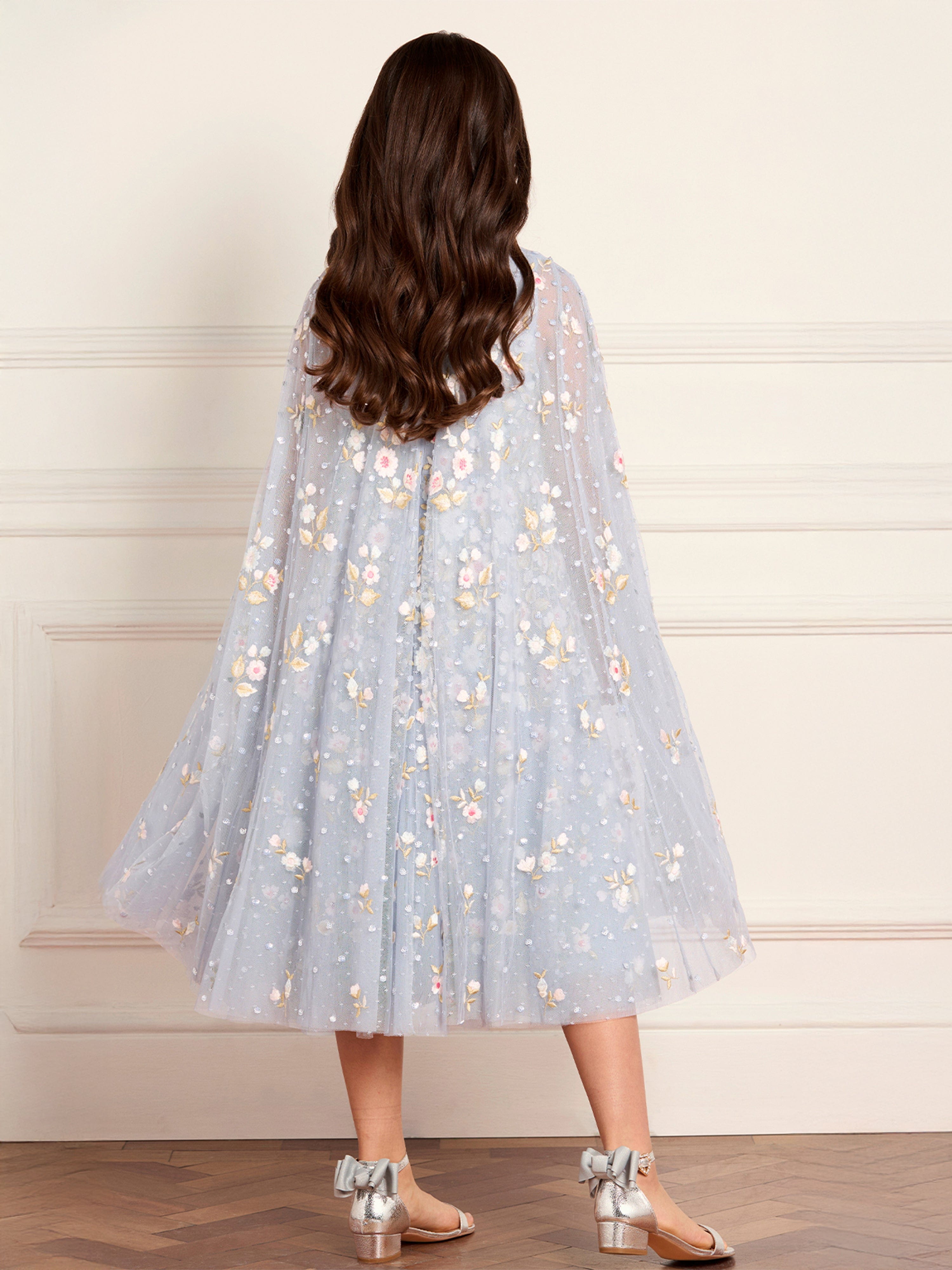 Needle & Thread Girls Ethereal Blooms Cape Dress in Blue