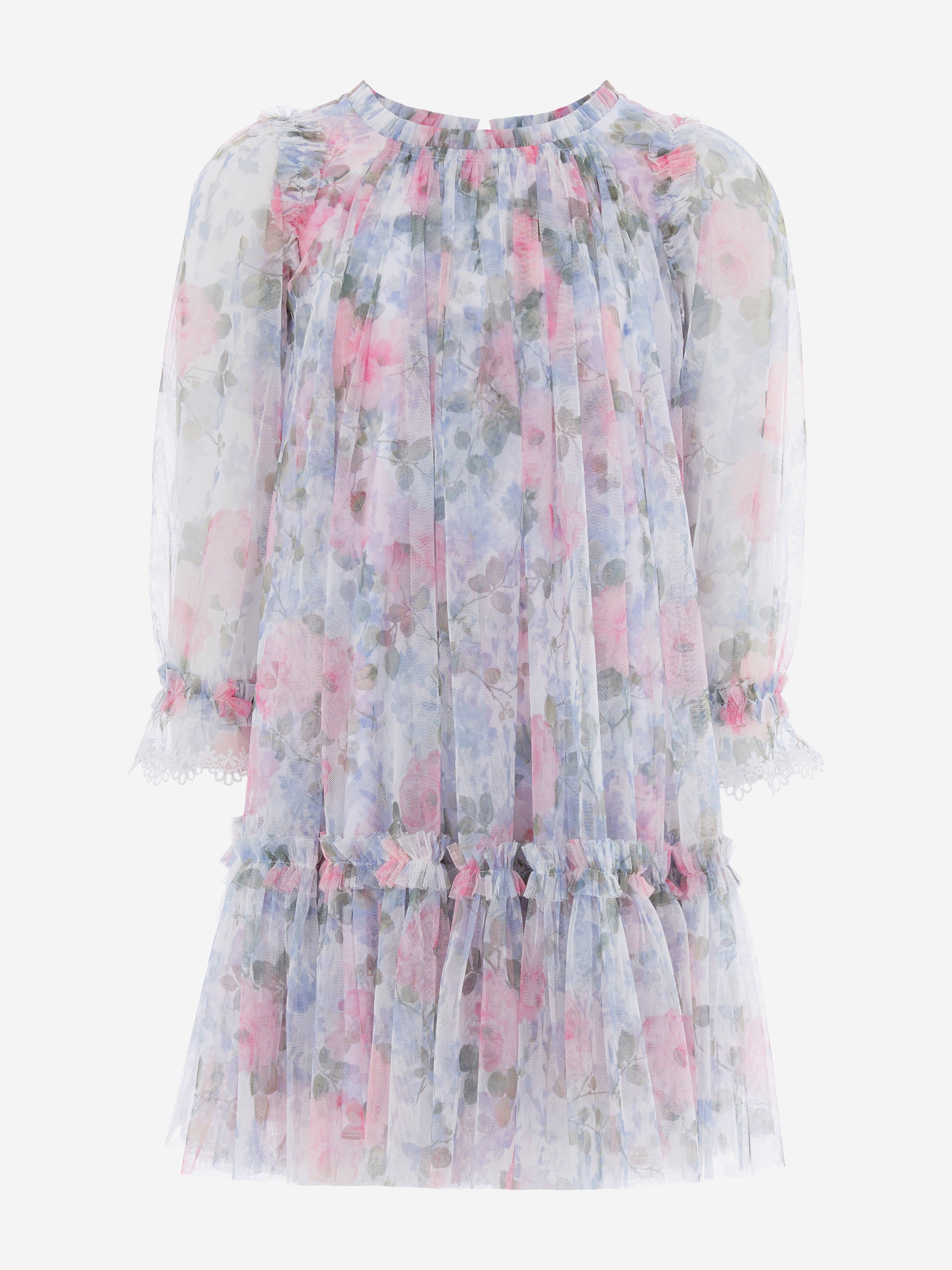 Needle & Thread Girls Camille's Garden Long Sleeve Dress in Blue