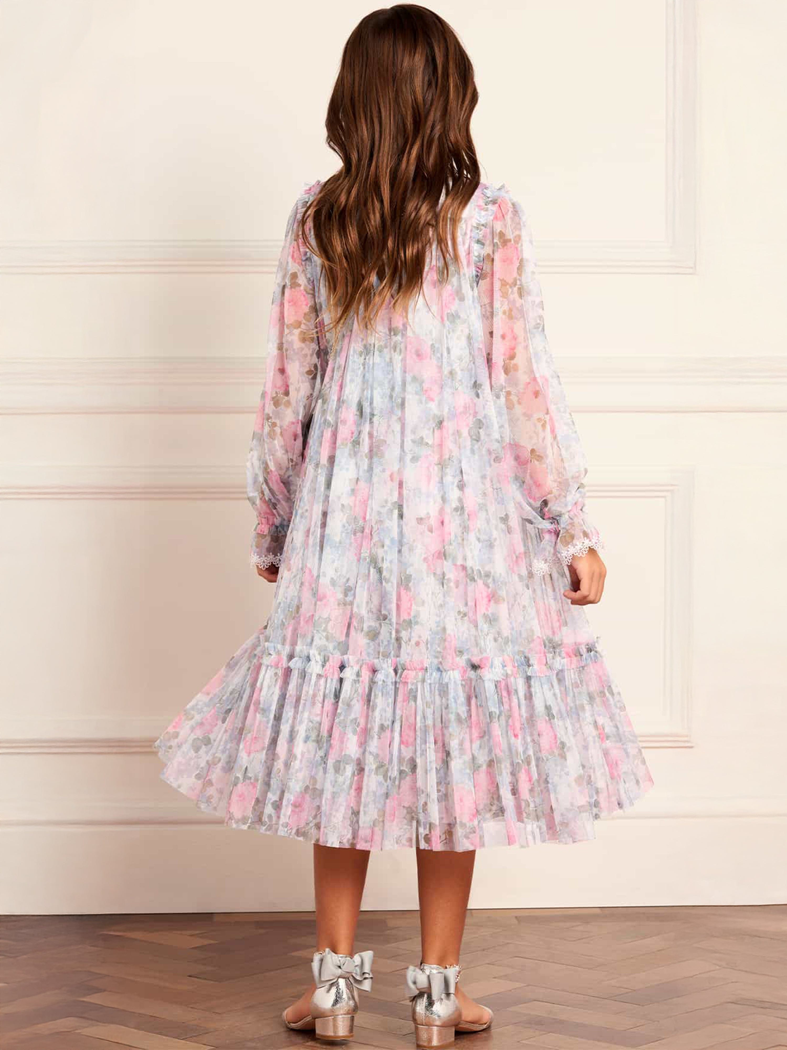 Needle & Thread Girls Camille's Garden Long Sleeve Dress in Blue