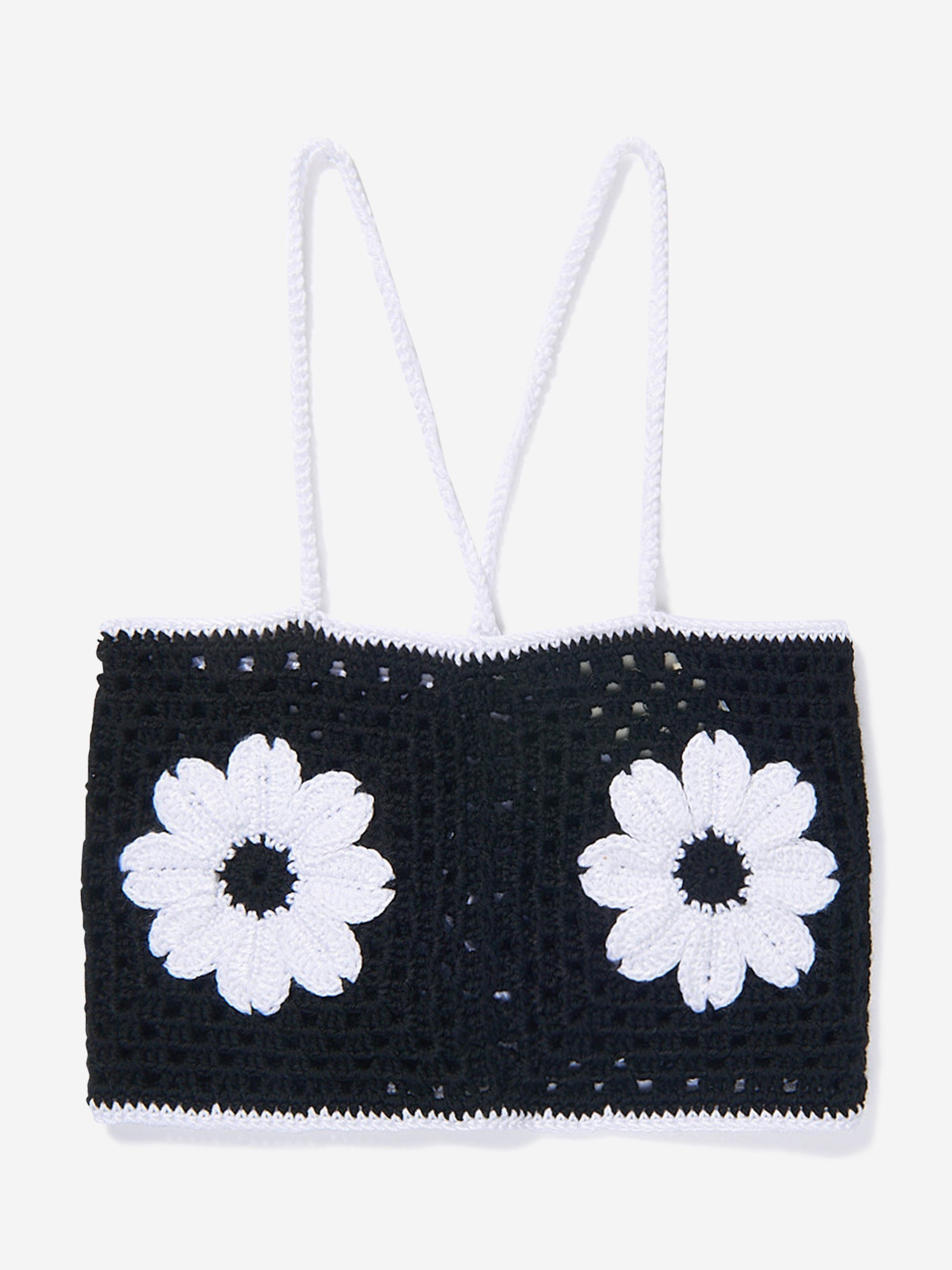 Nessi Byrd Girls Crochet Flower Elvira Crop Top in Black