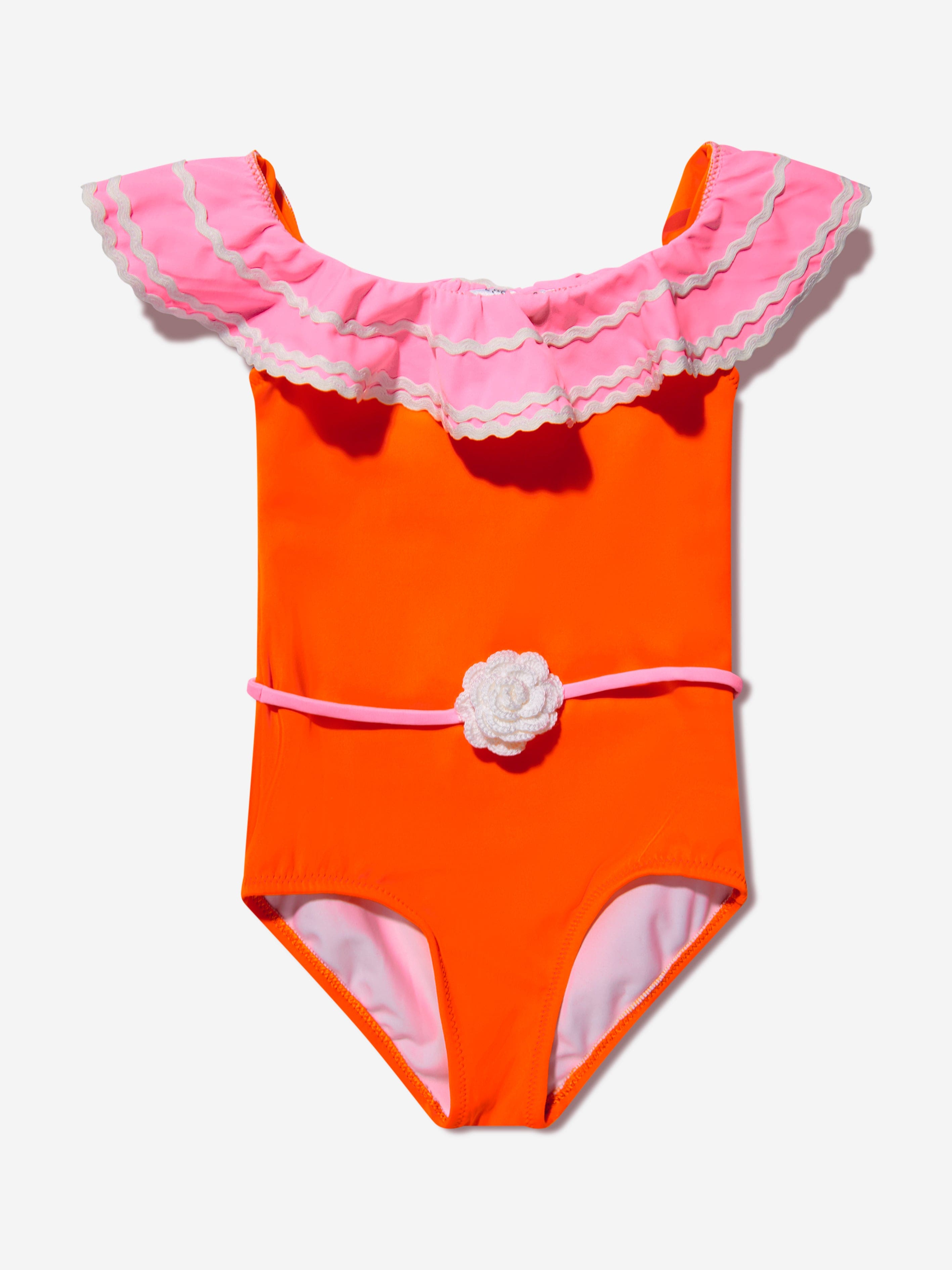 Nessi Byrd Girls Ruffled Crochet Flower Pina Swimsuit in Orange