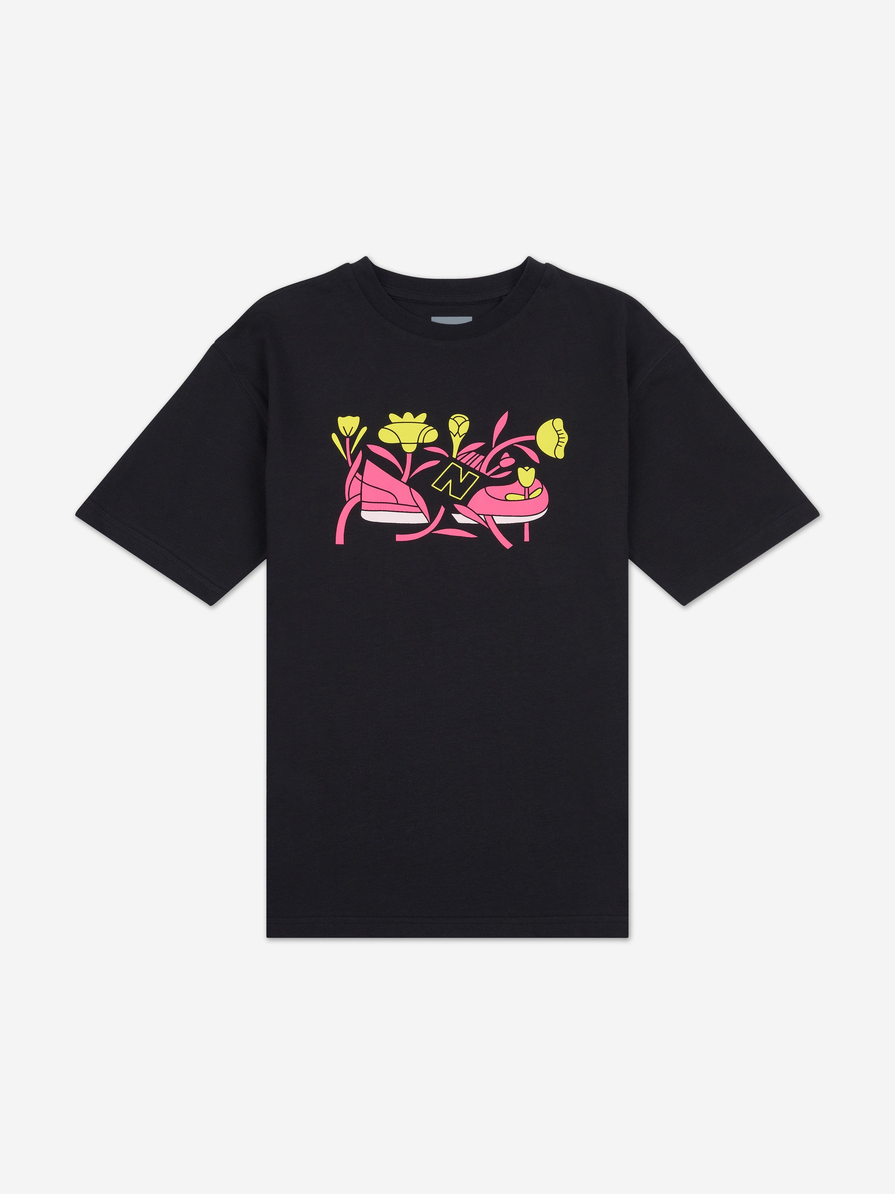 New Balance Girls Floral Shoe Graphic T-Shirt in Black