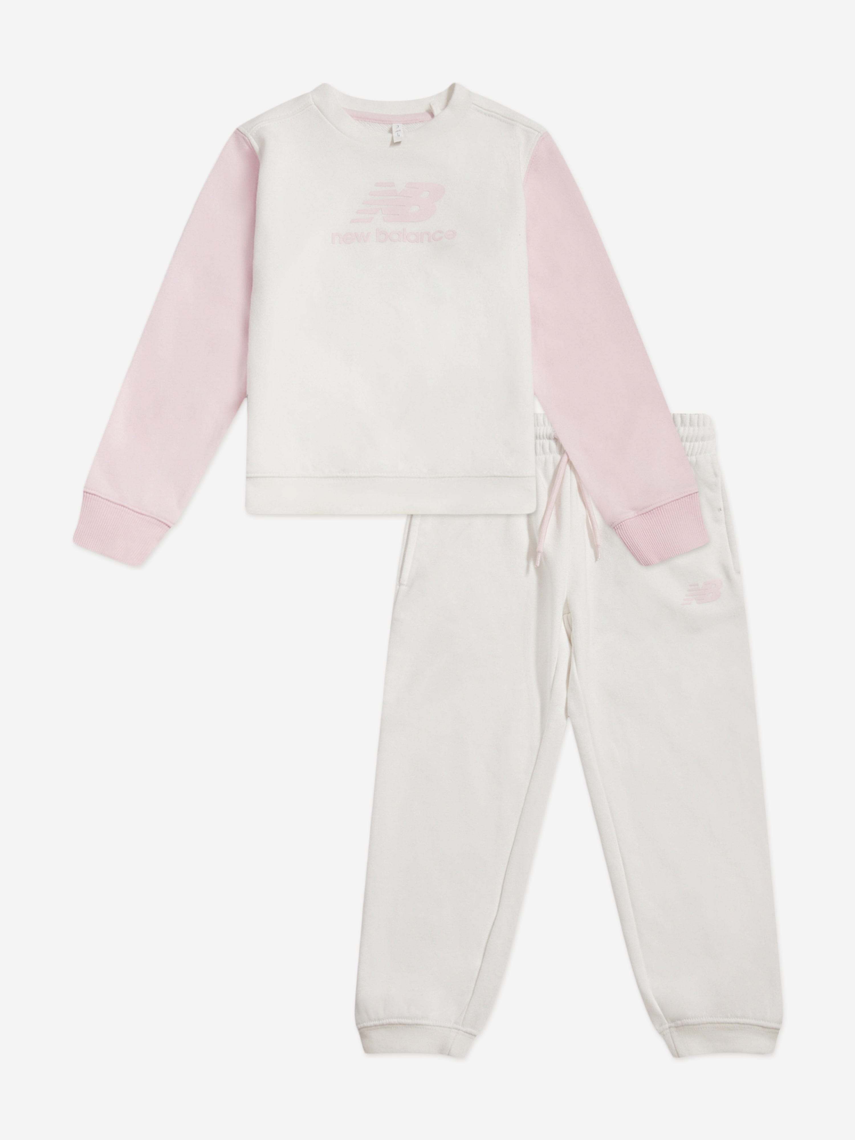 New Balance Baby Girls Colourblock Curved Hem Crew and Joggers Set in Ivory