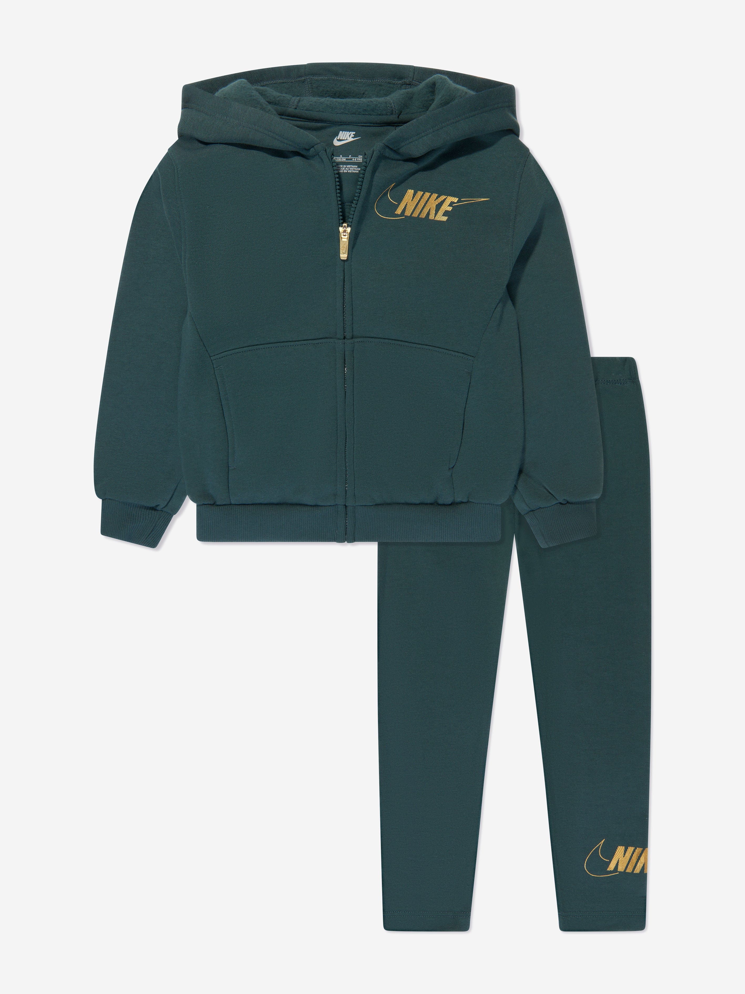 Nike Girls Shine Zip Up Top and Leggings Set in Green