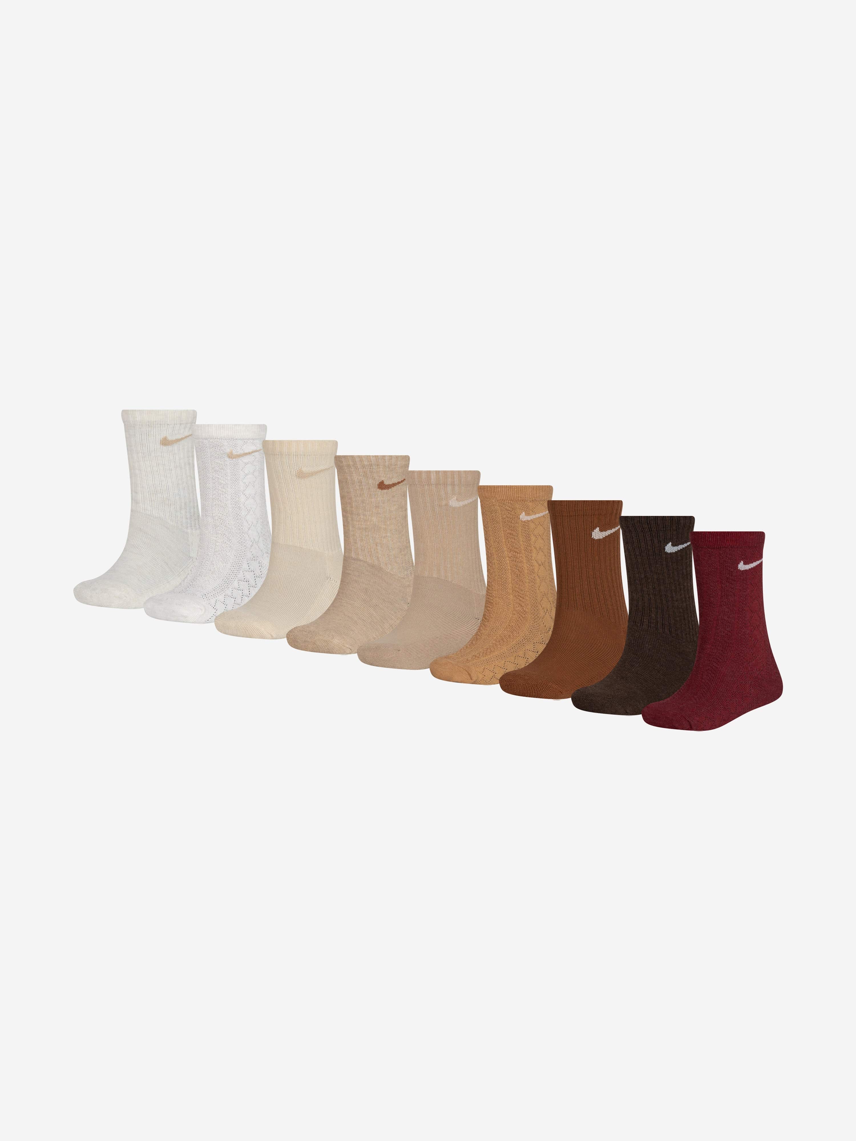 Nike Kids Holiday 9 Pack Crew Box Socks Set in Beige