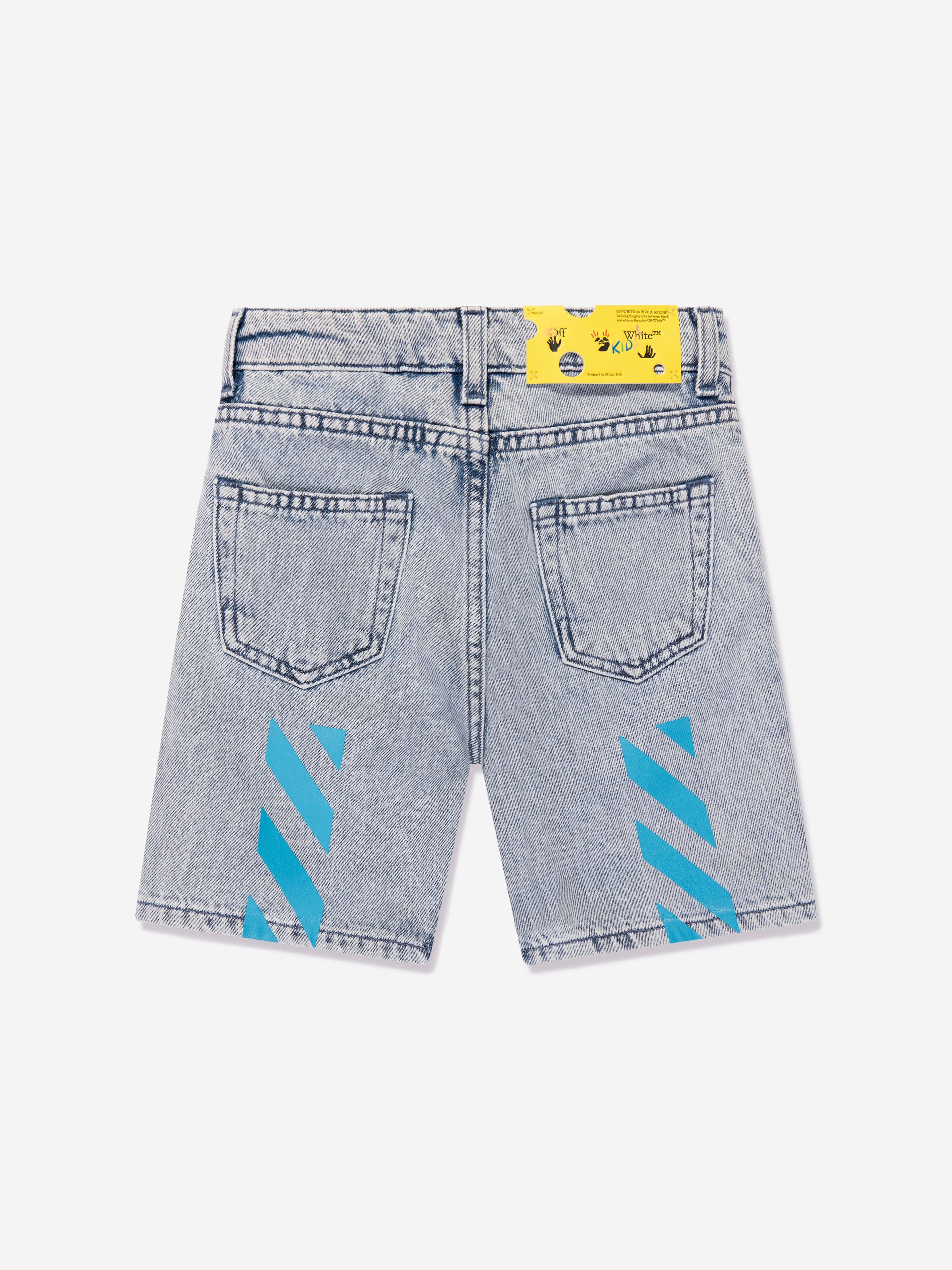 Off-White Boys Helvetica Diag Denim Shorts in Blue