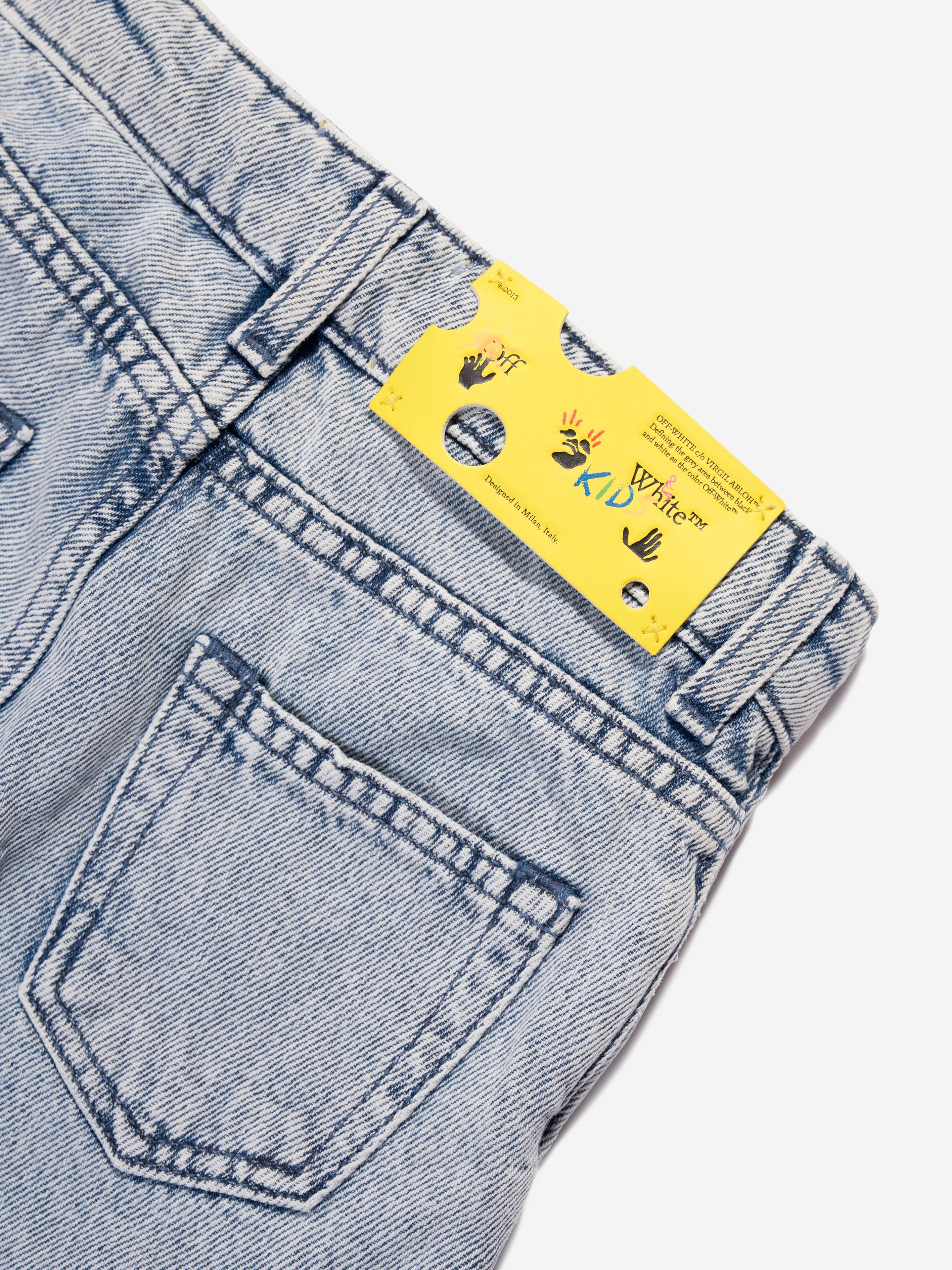 Off-White Boys Helvetica Diag Denim Shorts in Blue