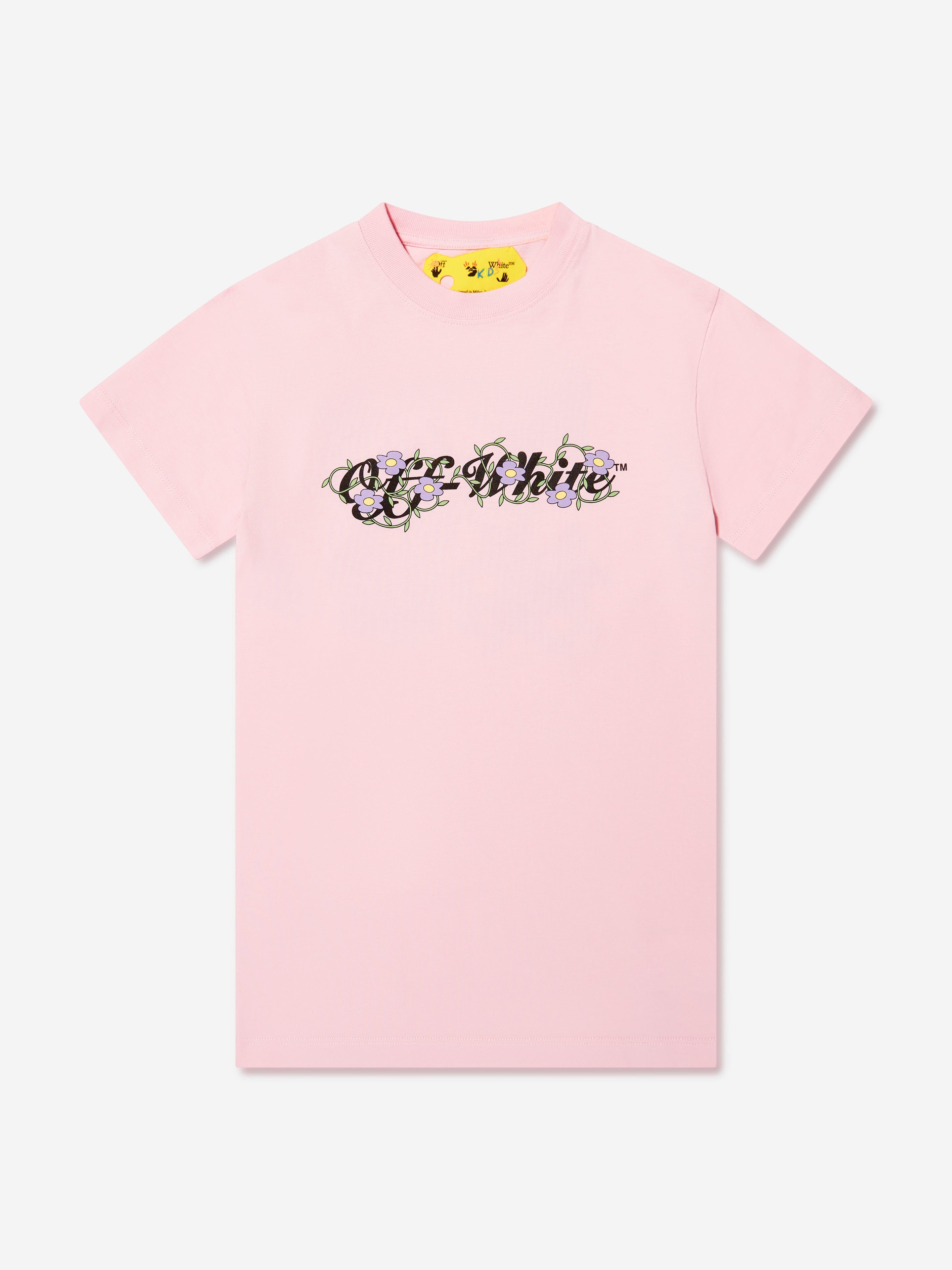 Off-White Girls Off Flowers T-Shirt Dress in Pink