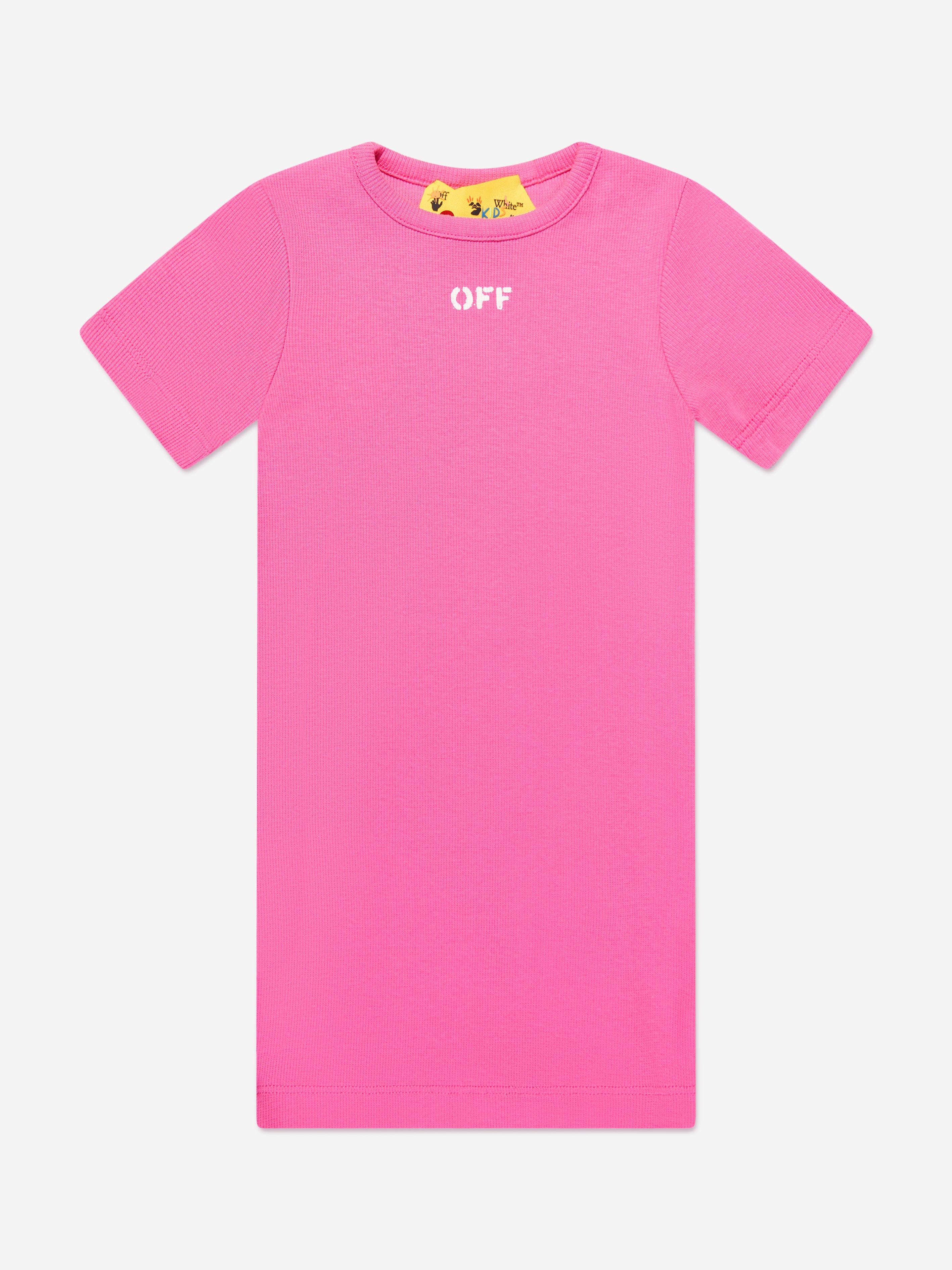 Off-White Girls Off Stamp Ribbed T-Shirt Dress in Pink