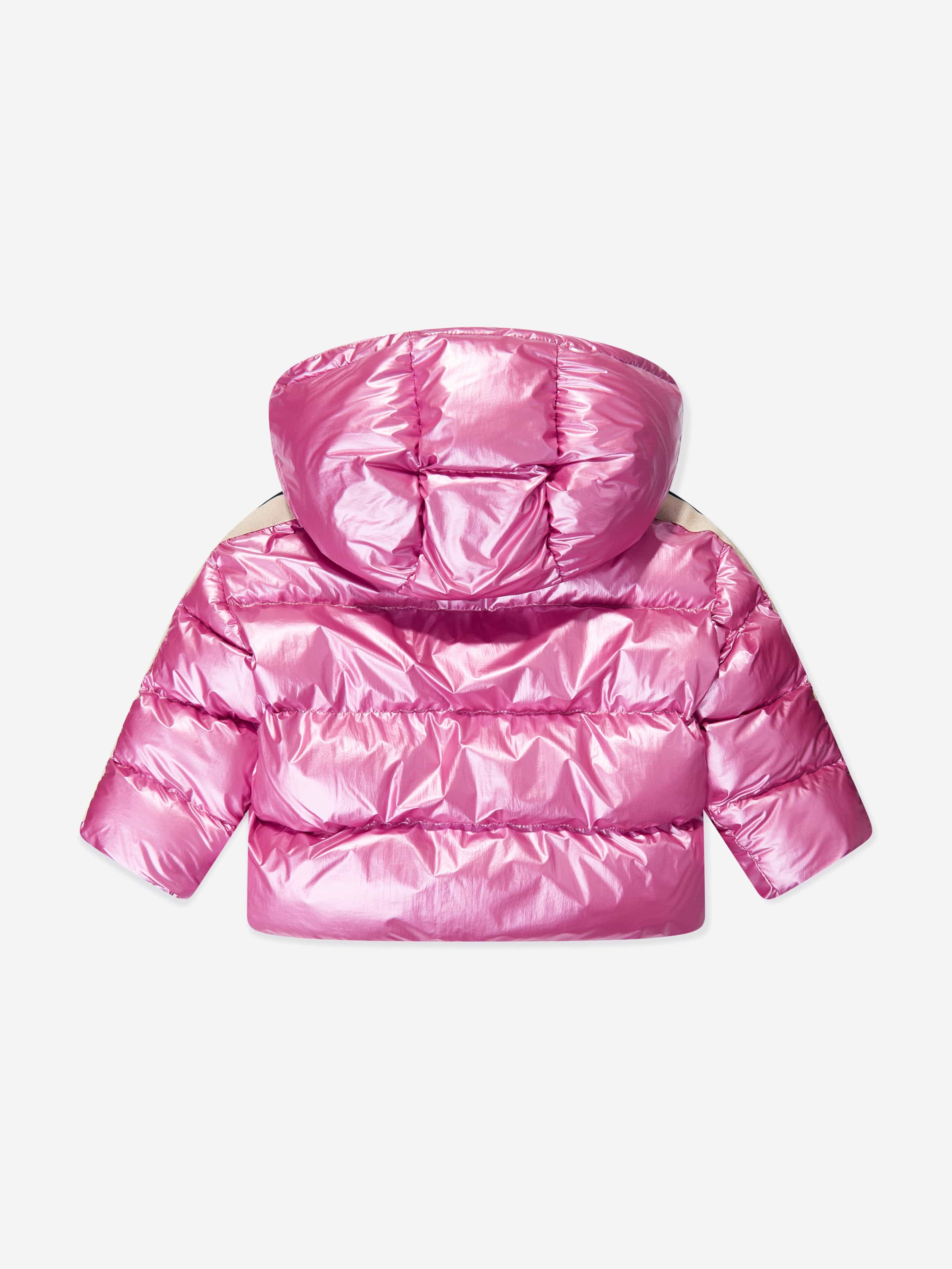 Palm Angels Girls Shiny Track Hooded Puffer Jacket in Pink