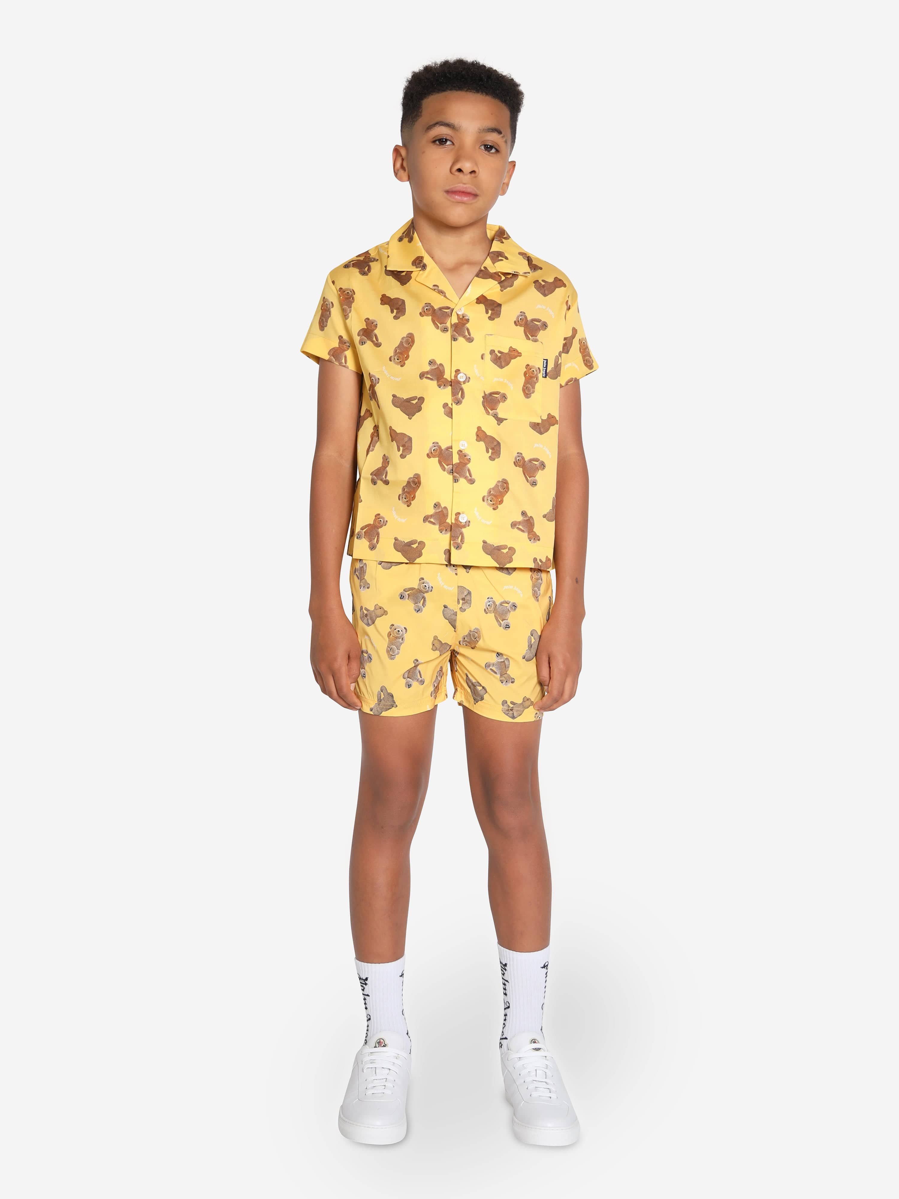 Palm Angels Boys AOP PA Bears Bowling Shirt in Yellow