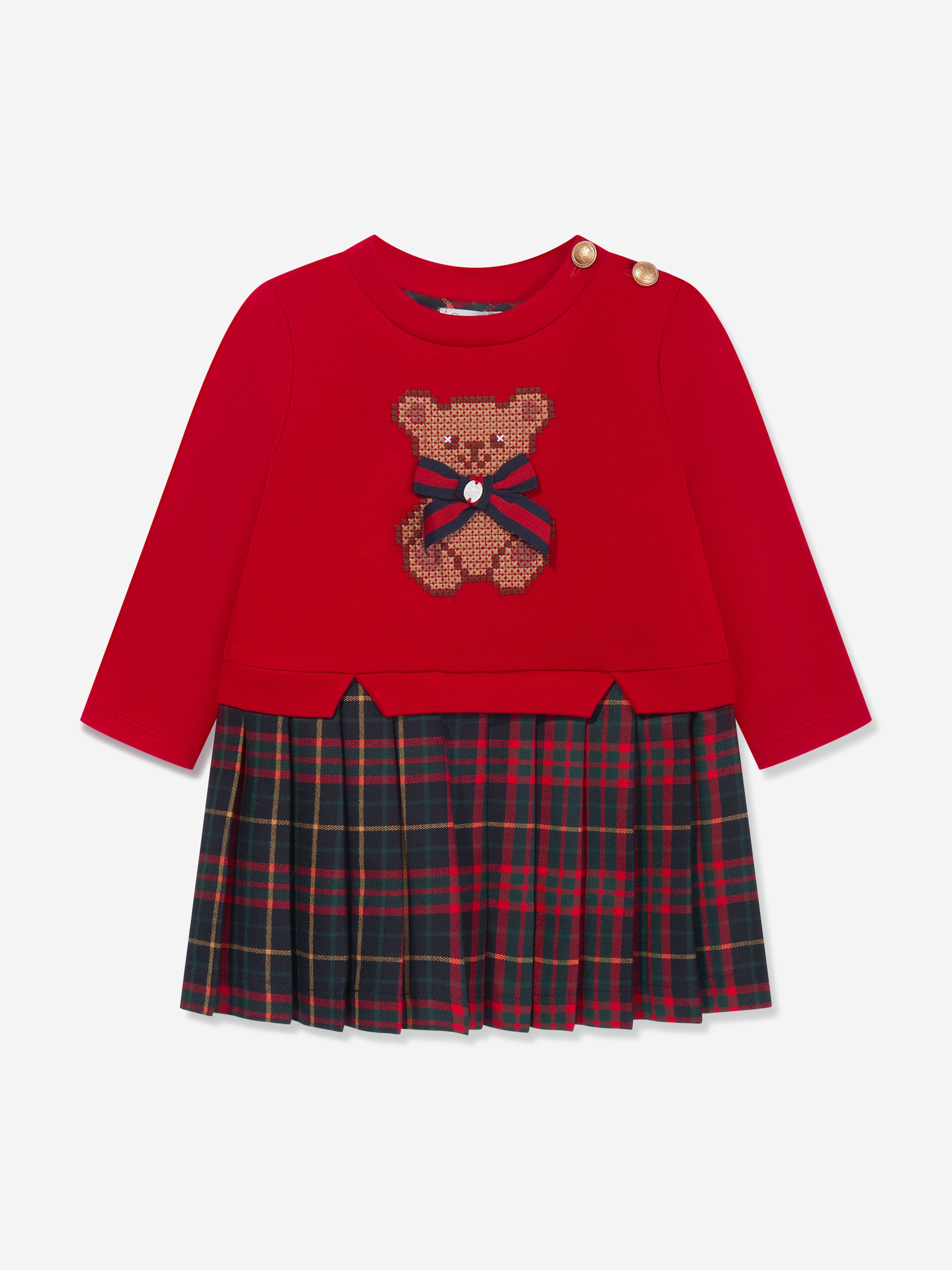 Patachou Baby Girls Embroidered Teddy And Tartan Dress in Red