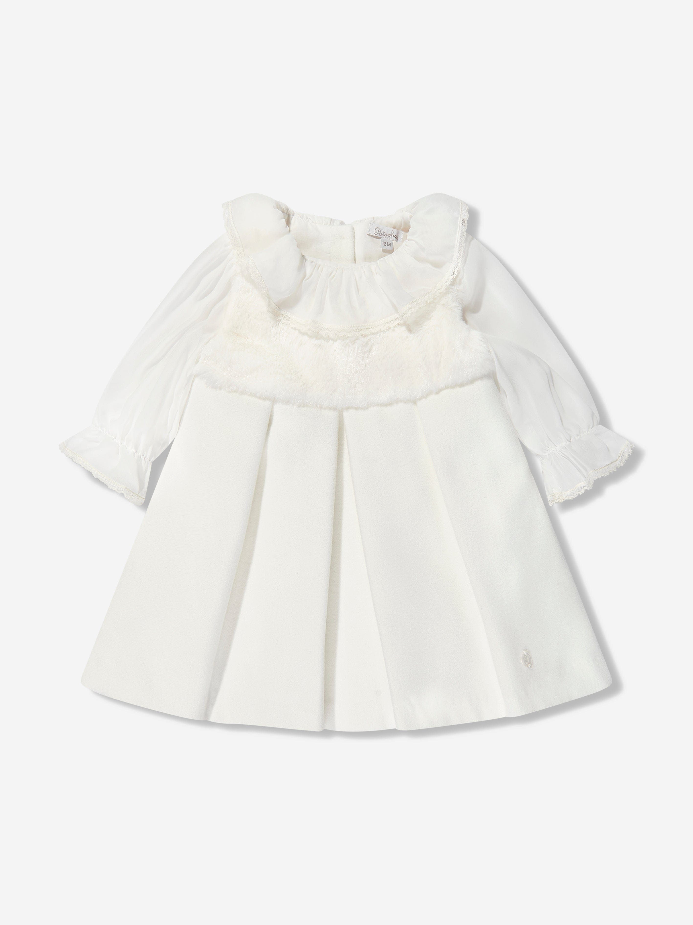 Patachou Baby Girls Faux Fur And Chiffon Dress in Ivory