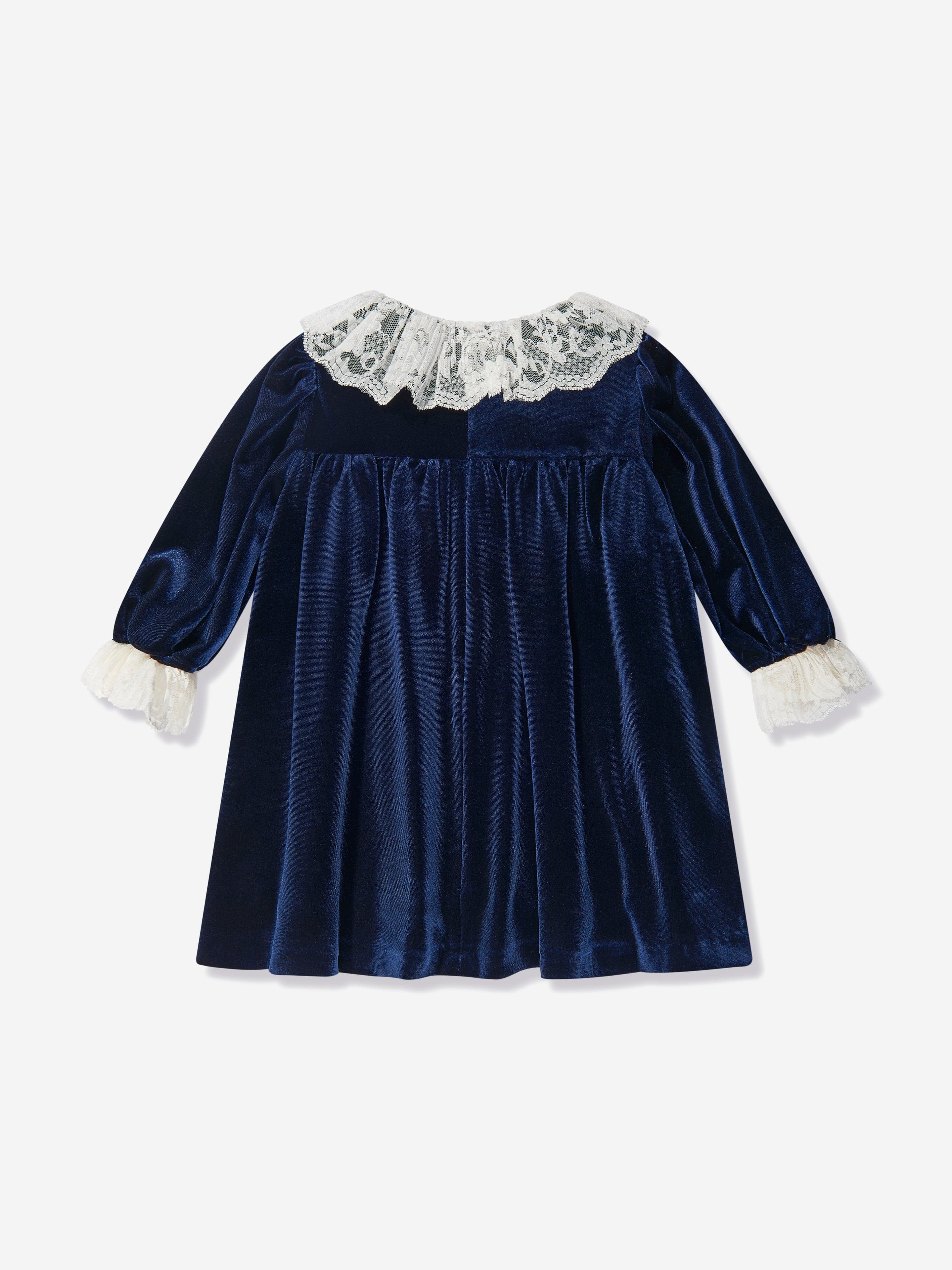 Patachou Baby Girls Velvet Lace Trim Dress in Navy