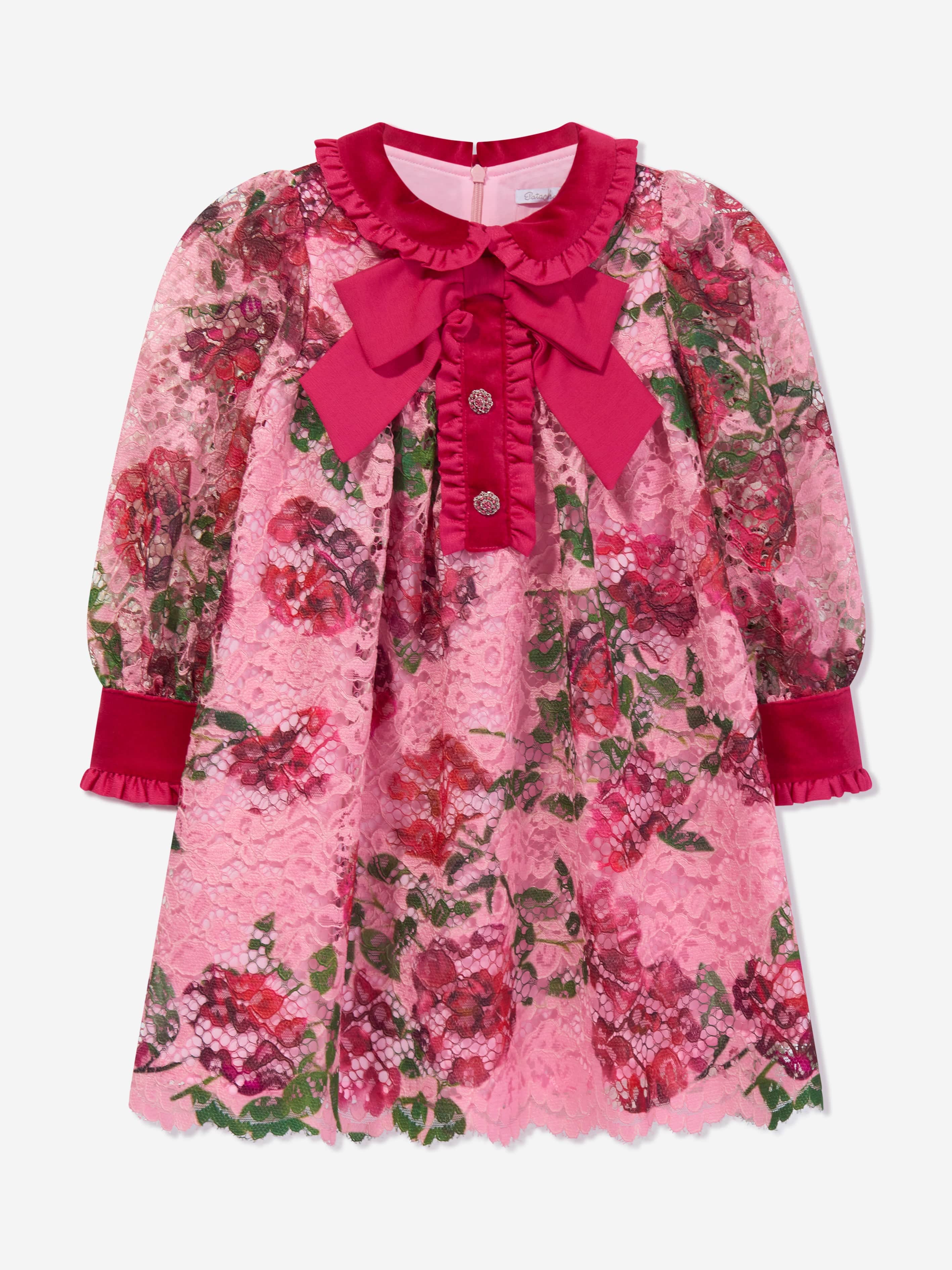 Patachou Girls Floral Lace And Velvet Dress in Pink