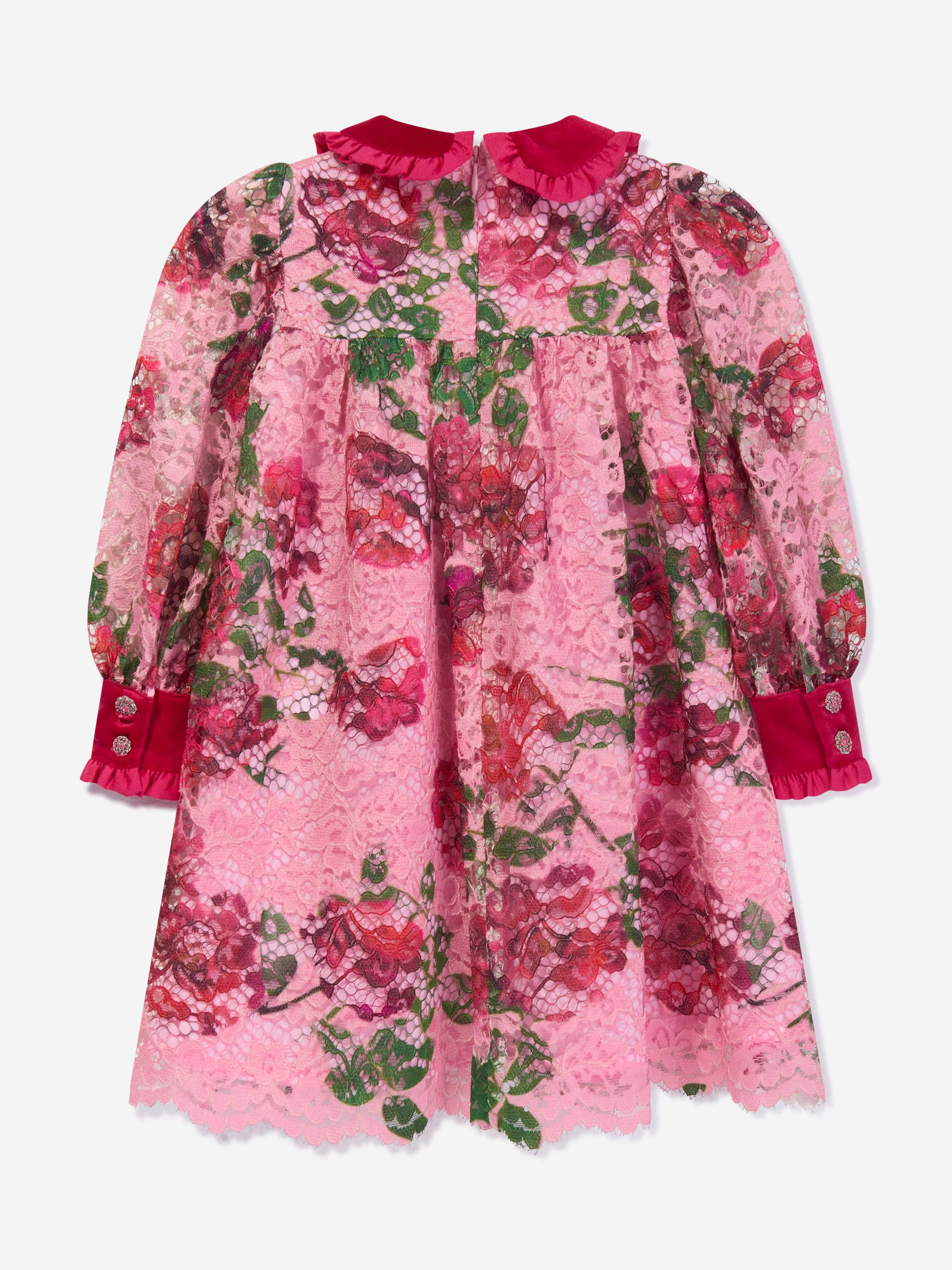 Patachou Girls Floral Lace And Velvet Dress in Pink