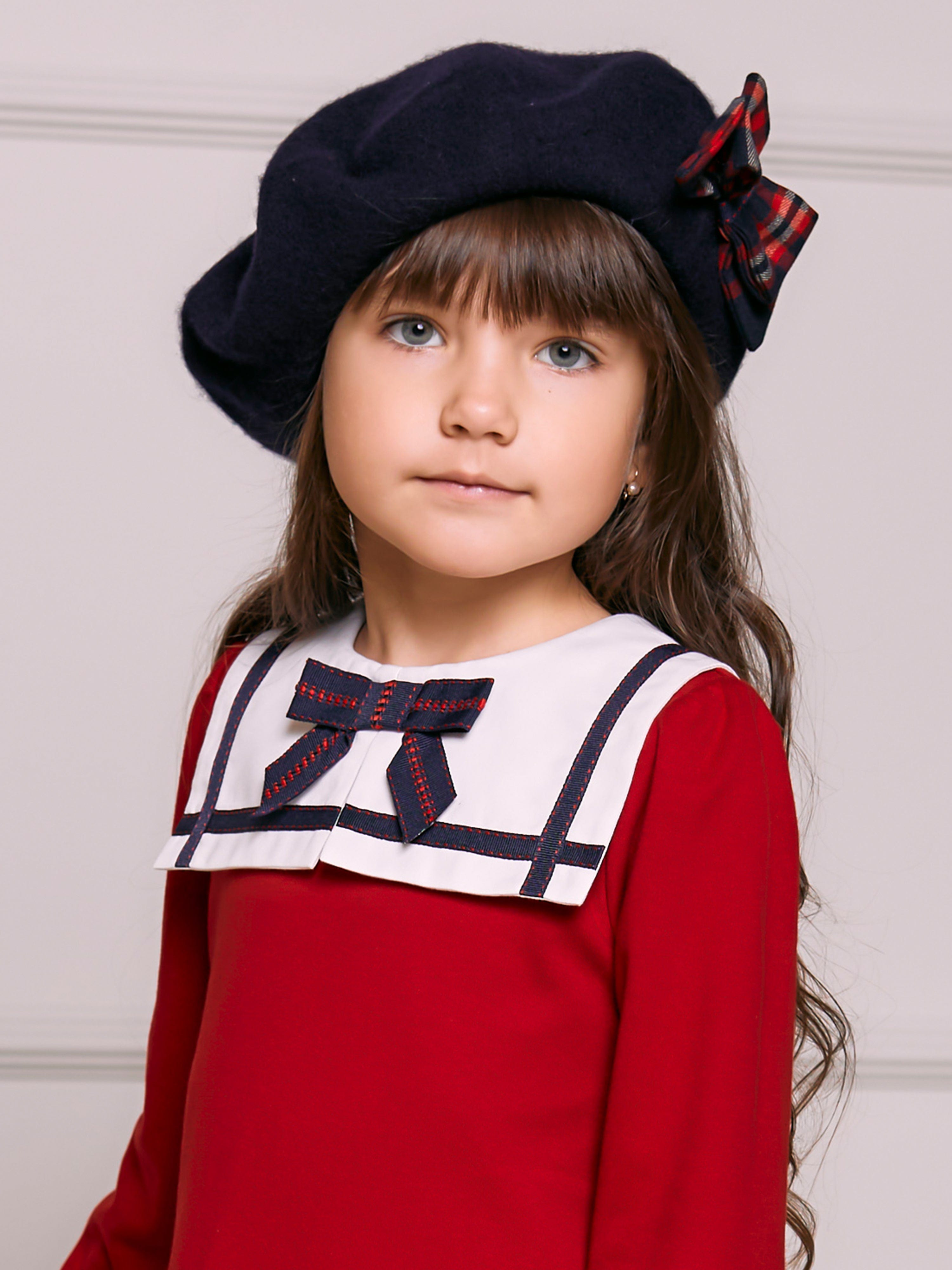 Girls Tartan Bow Beret in Navy