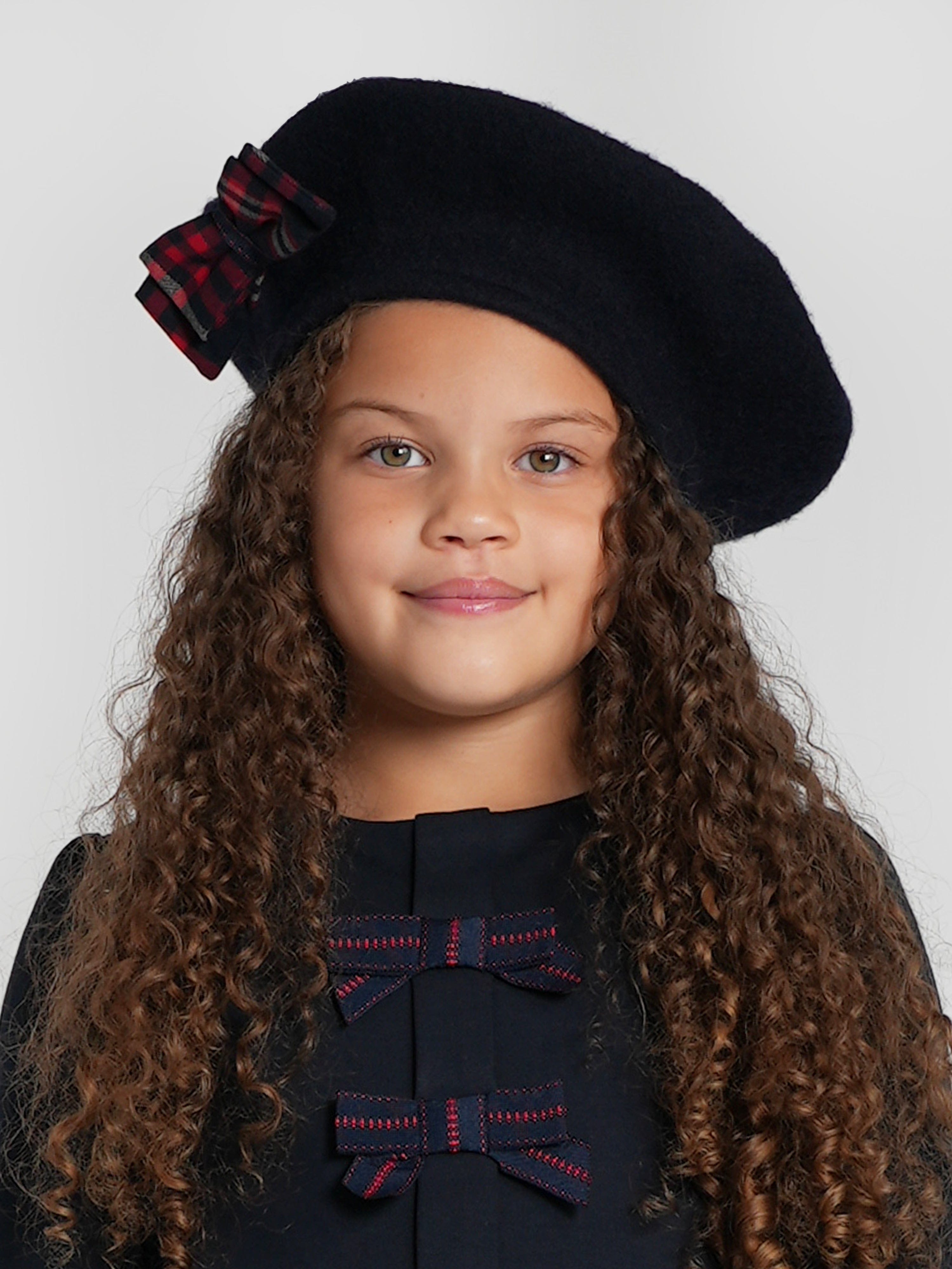 Patachou Girls Tartan Bow Beret in Navy