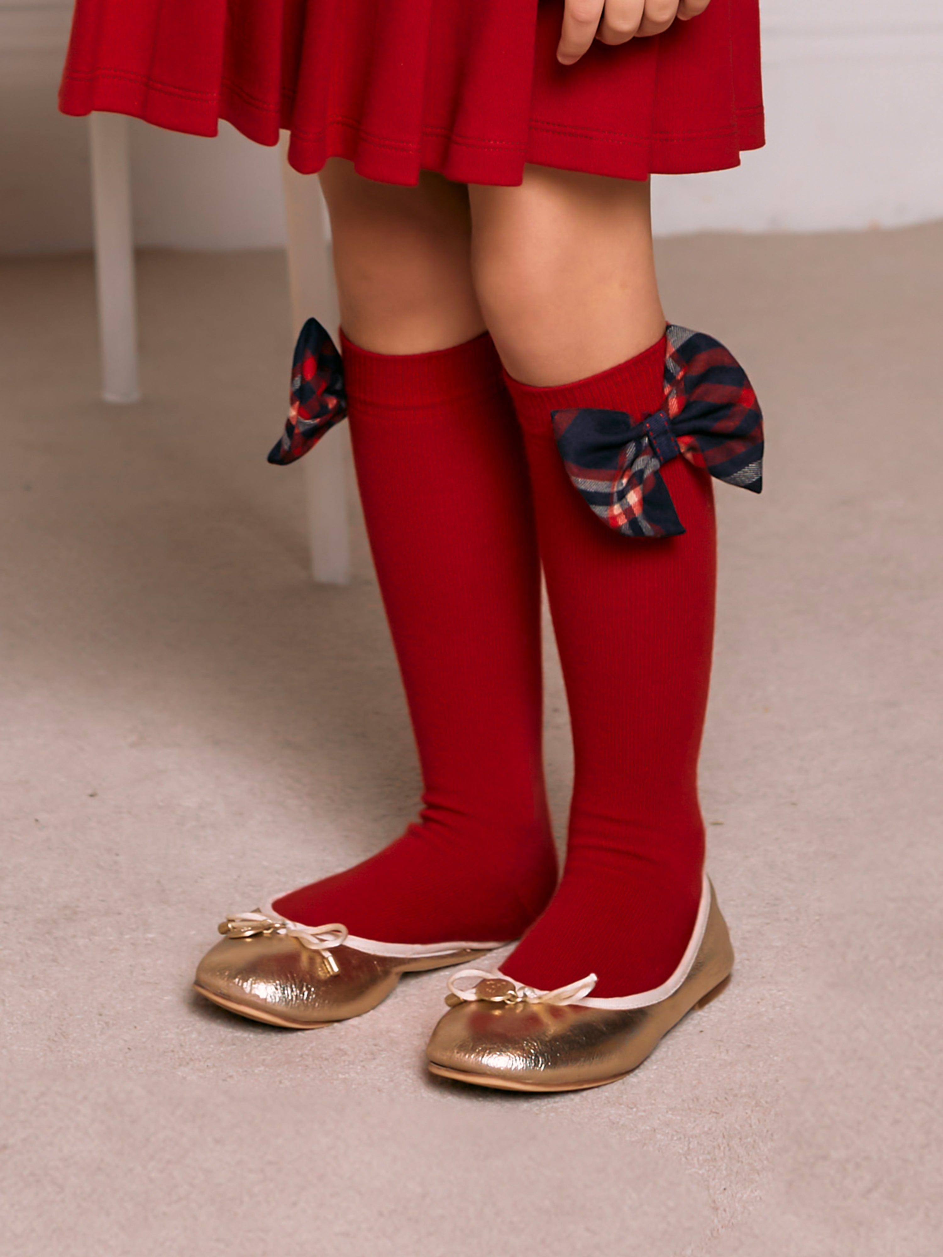 Girls Tartan Bow Socks in Red