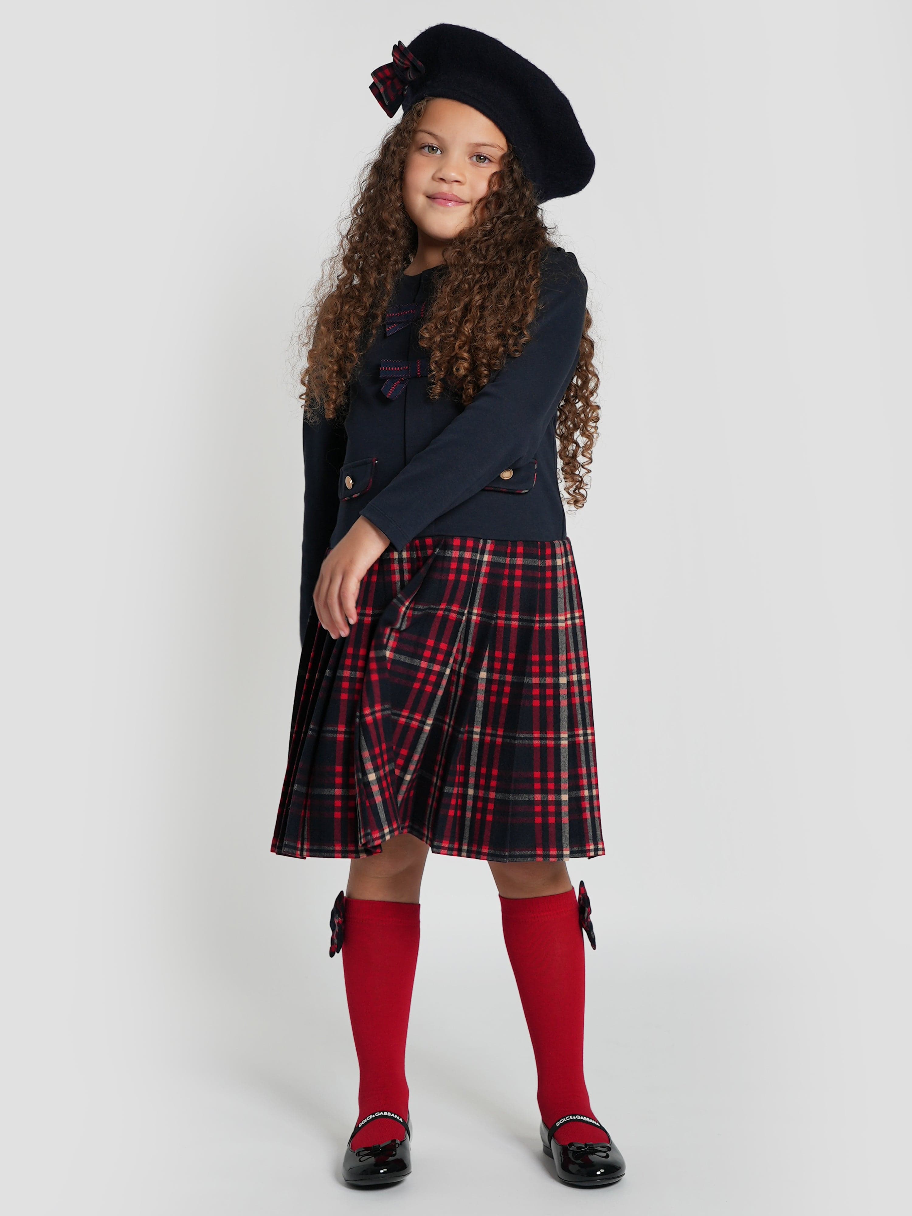 Girls Jersey and Tartan Flannel Dress in Navy